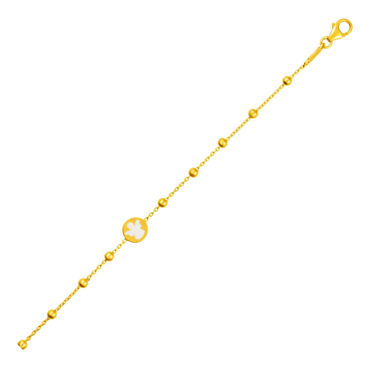 14k yellow gold children's bracelet with an angel charm and polished beads.