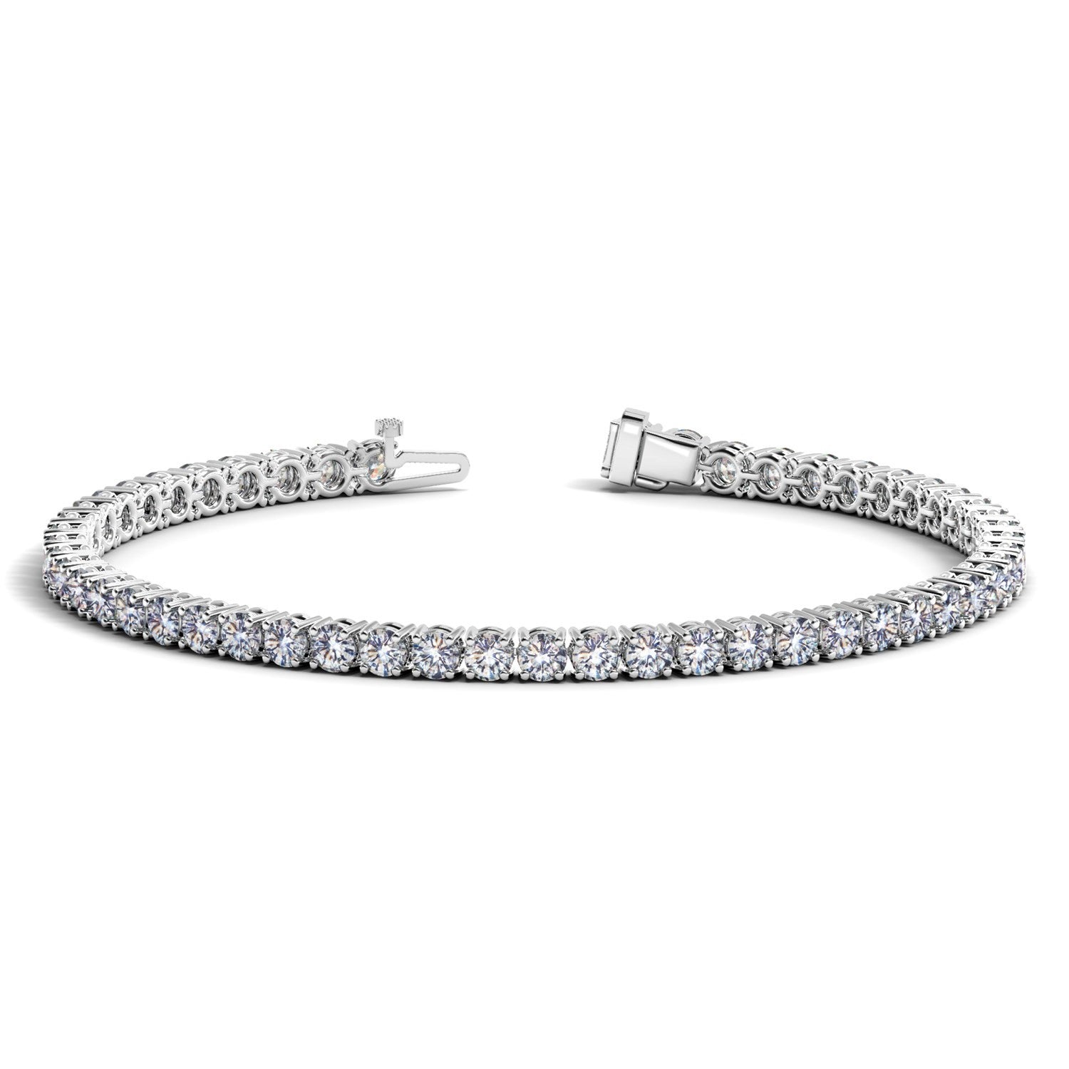 A lab-grown round diamond tennis bracelet in 14k white gold with an open clasp.