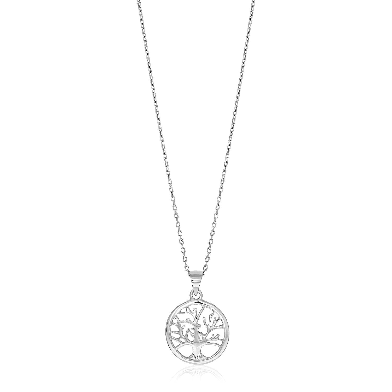 Sterling silver round Tree of Life necklace with a cable chain.