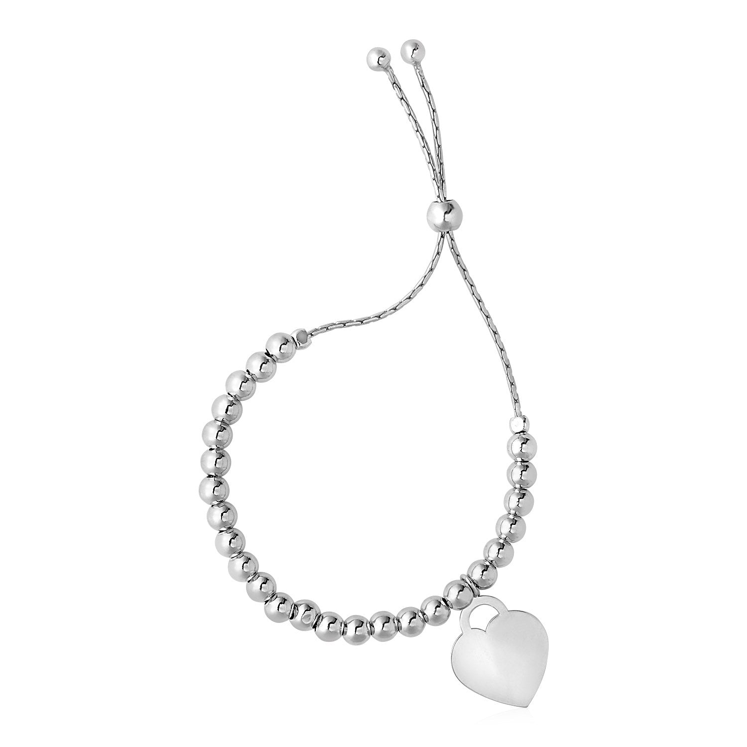 Adjustable sterling silver bead bracelet with a heart charm.