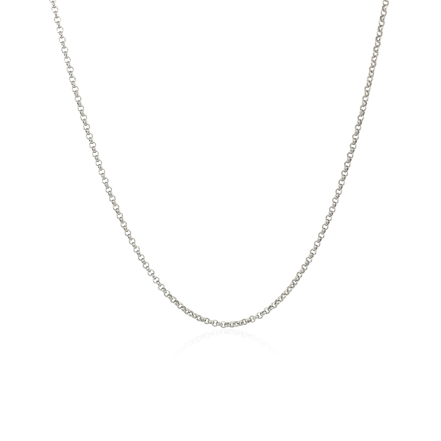 A 14k white gold diamond cut rolo chain with a lobster clasp.