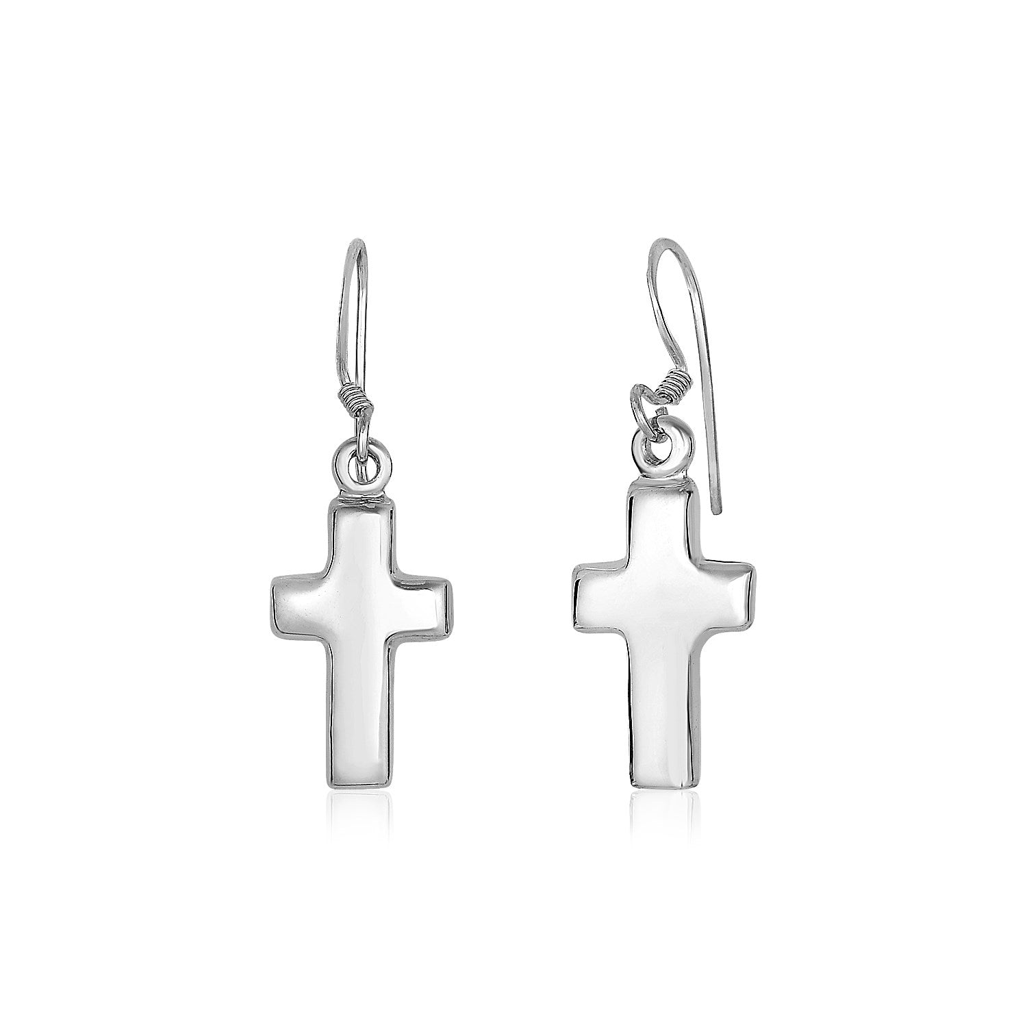 Sterling silver polished cross dangle earrings with French hook clasps.