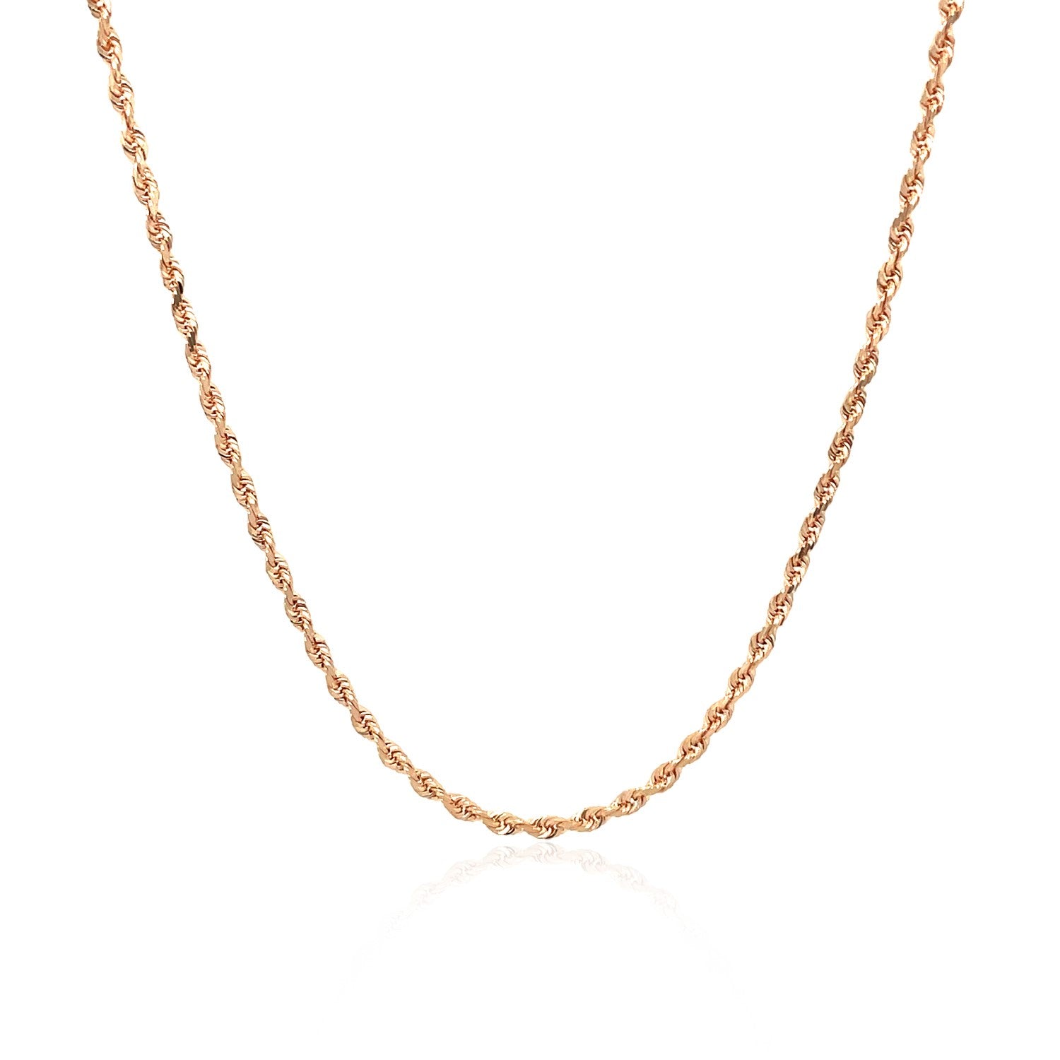 A 14k rose gold solid diamond cut rope chain with a lobster clasp.