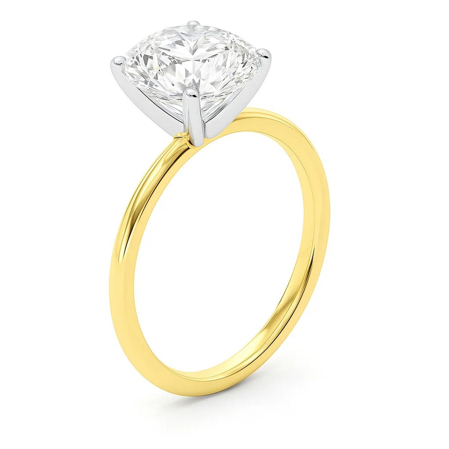 A 10K yellow gold solitaire ring with a cushion-cut lab-grown diamond.