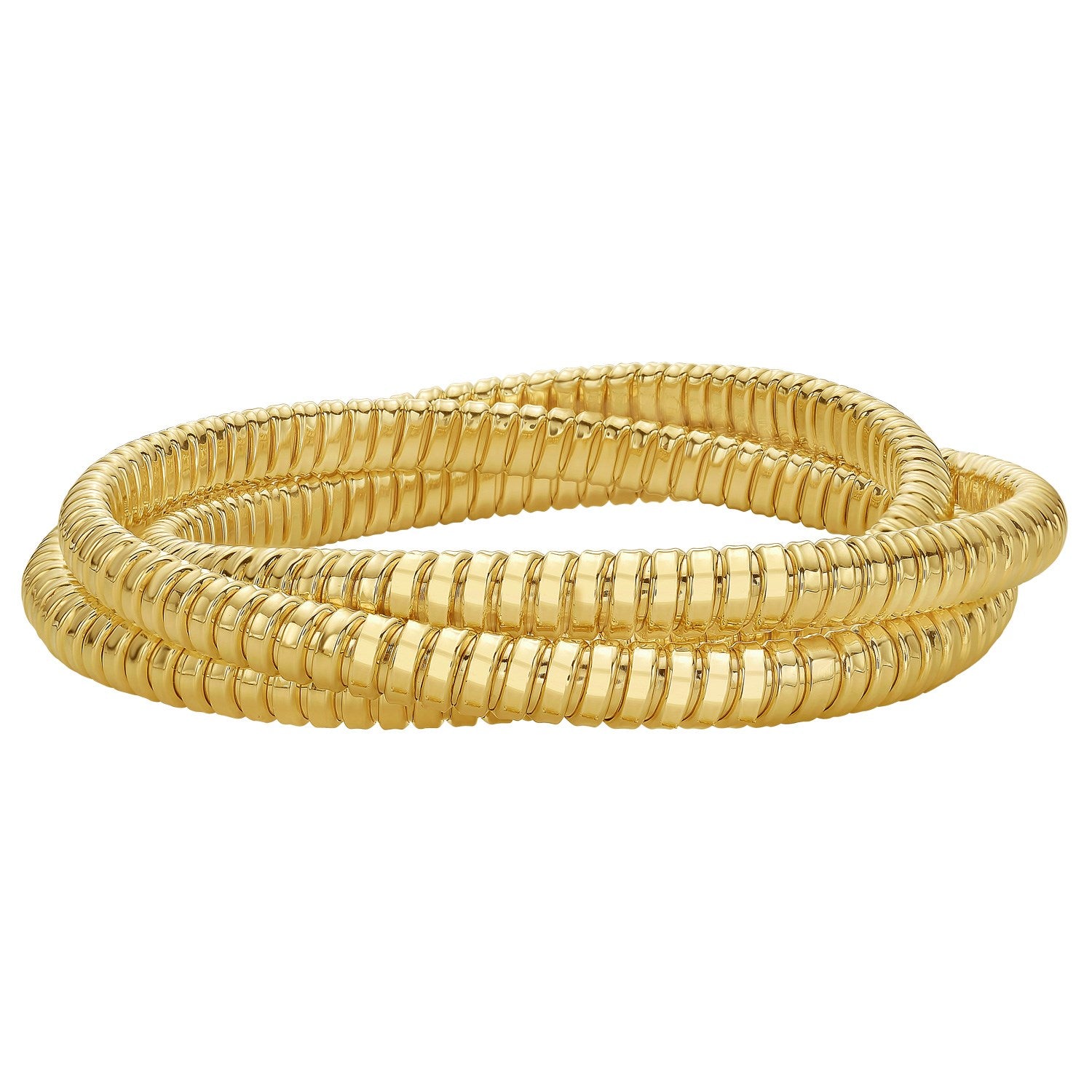 A polished 14K yellow gold triple-wrap Tubogas bangle.