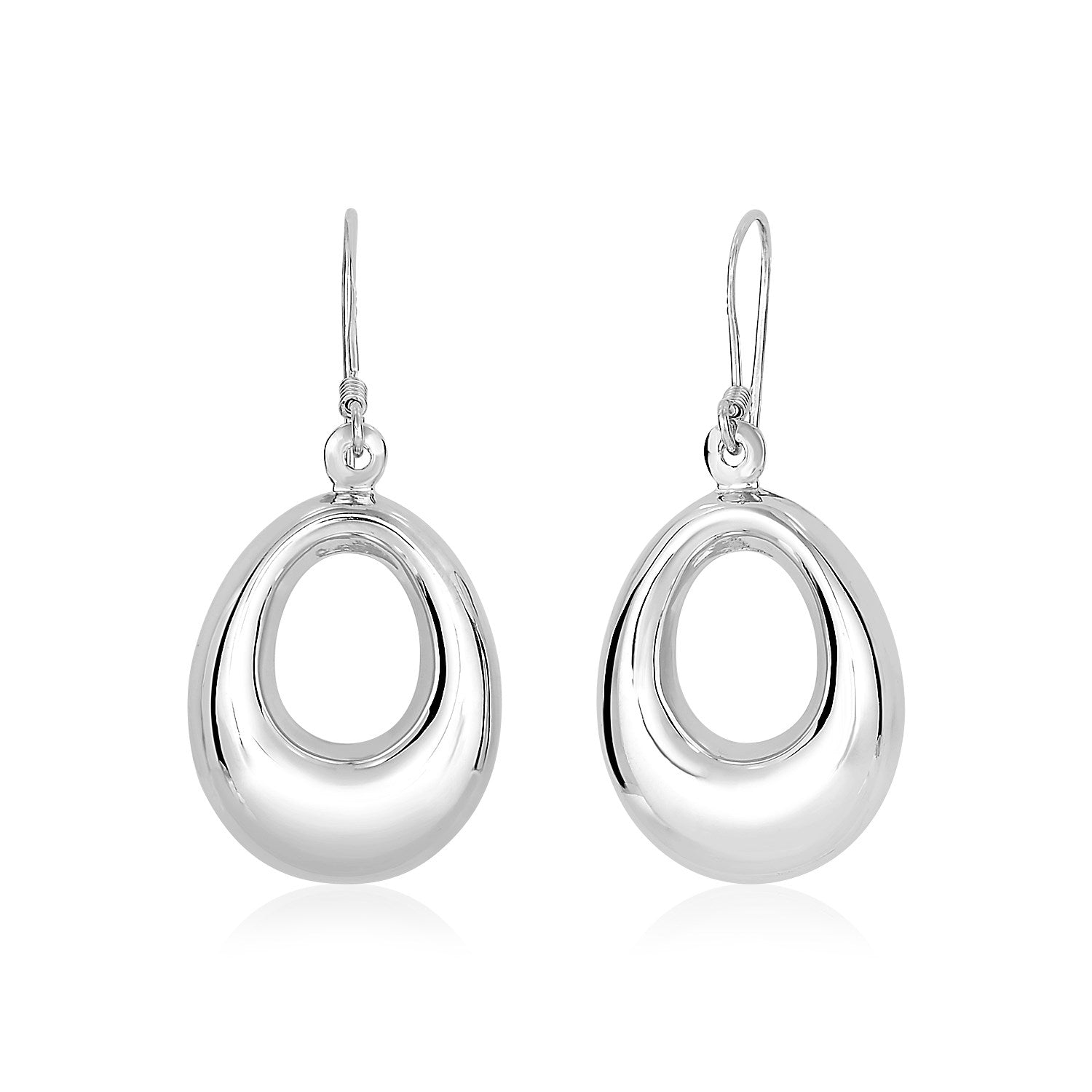 Sterling silver polished open puffed teardrop dangle earrings with French hook clasps.