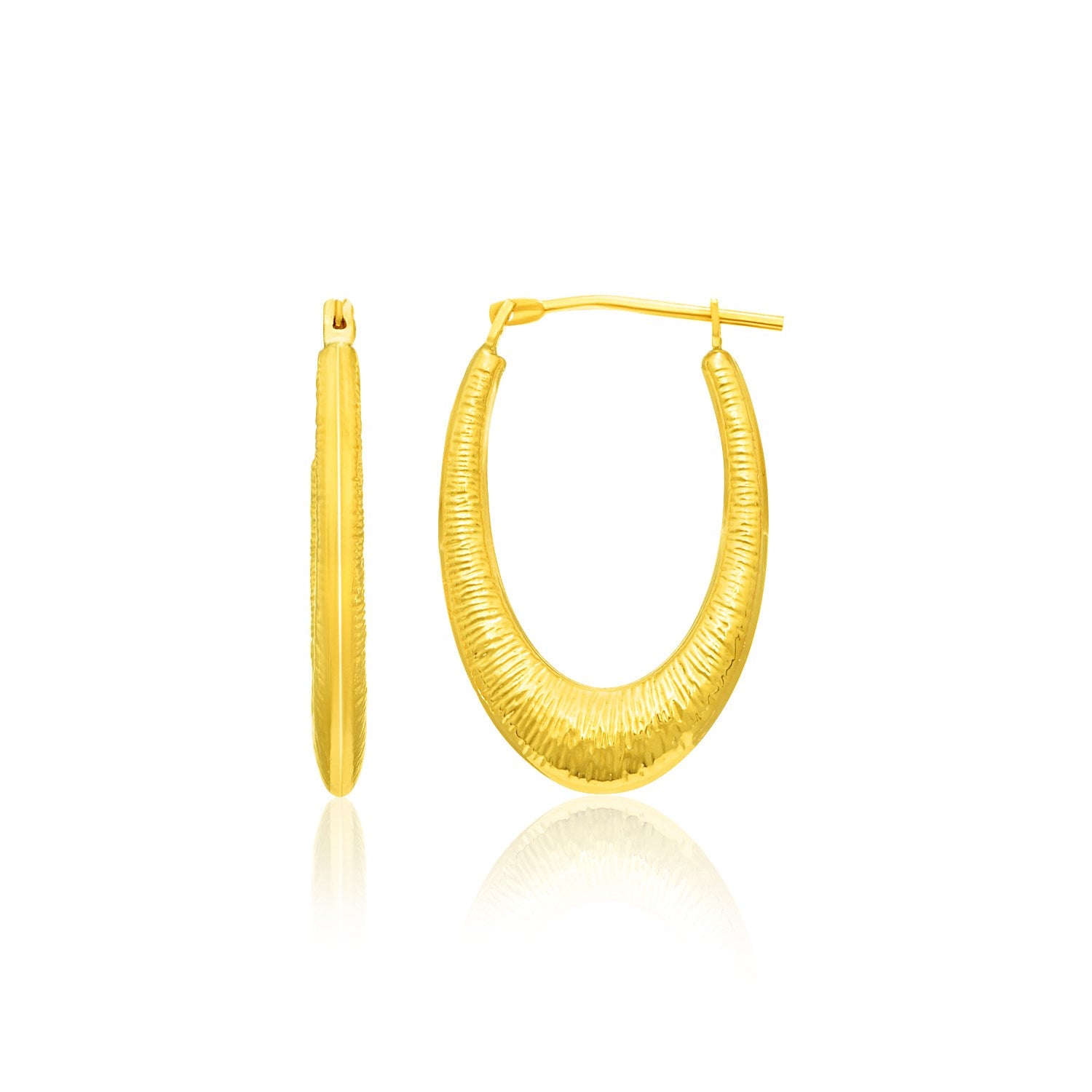 14k yellow gold graduated textured oval hoop earrings with snapbacks.