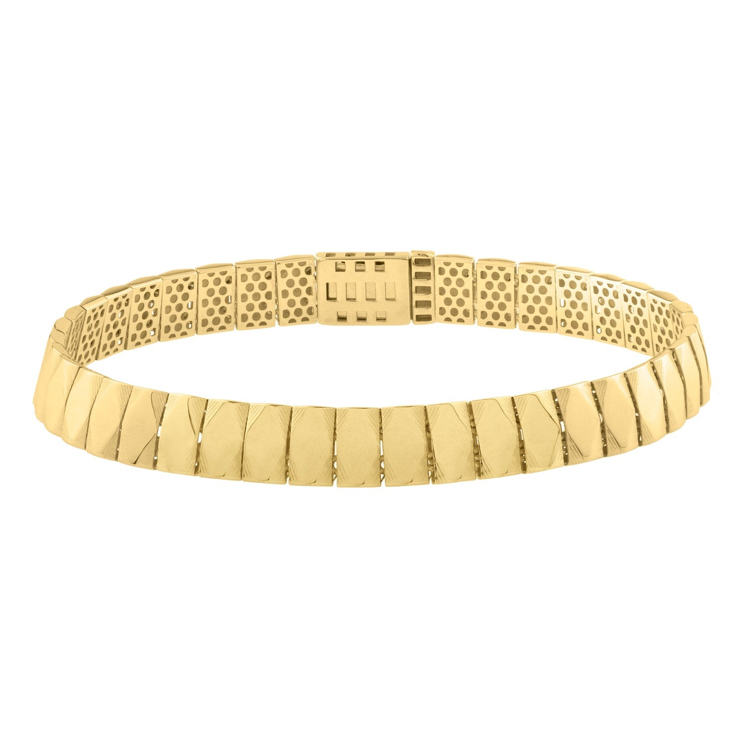 A 14K yellow gold geometric tile bracelet with a lobster clasp.