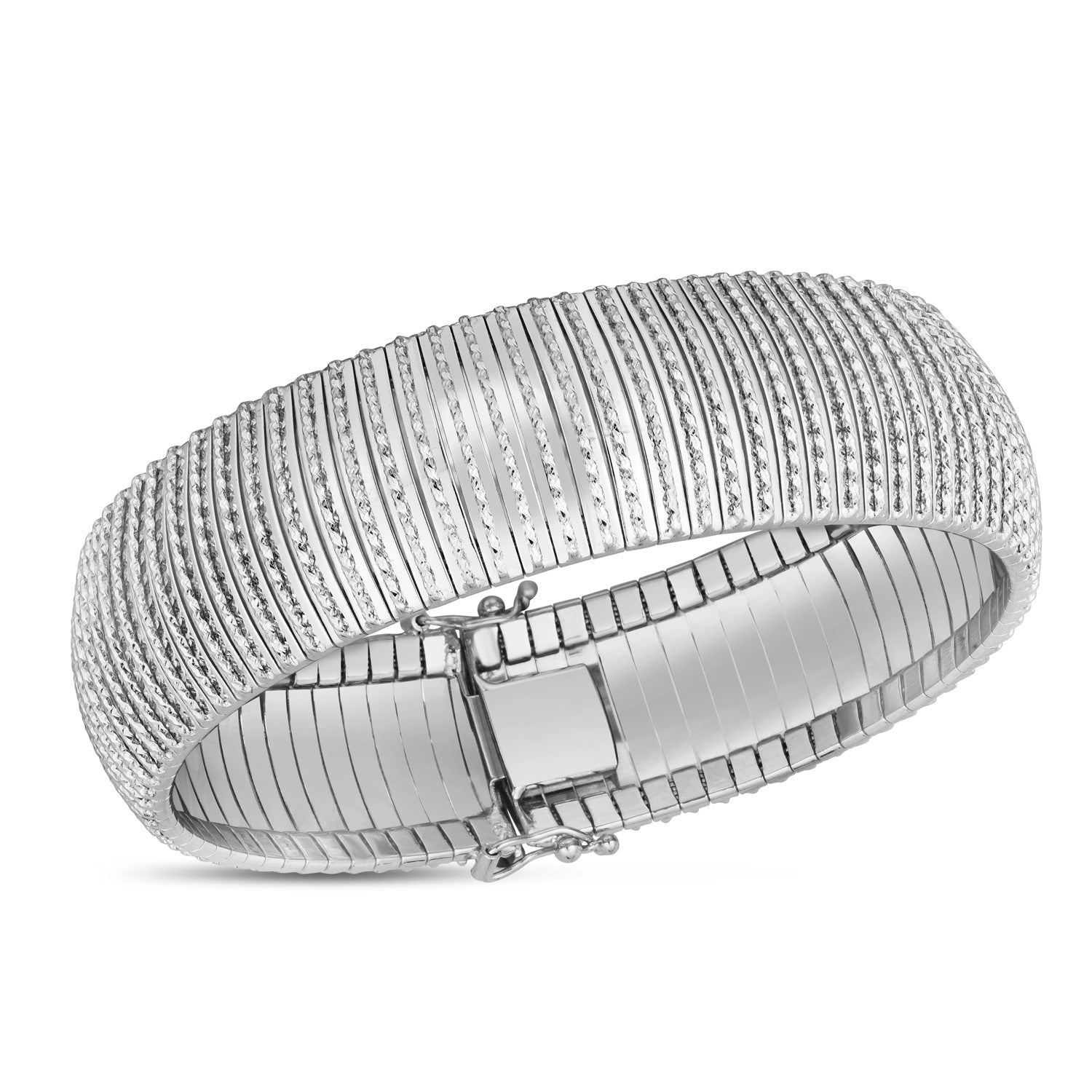 14k white gold flex bracelet with textured and polished vertical stripes and a box clasp.