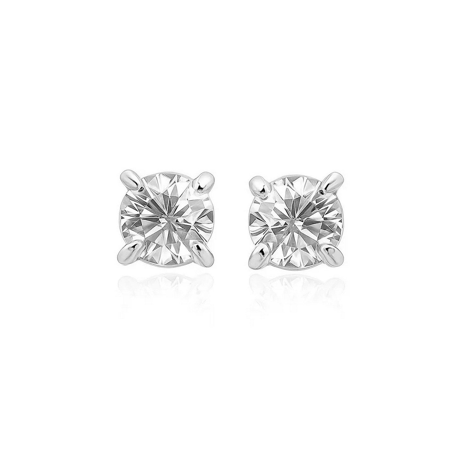 A pair of 14k white gold stud earrings with round, faceted cubic zirconia.