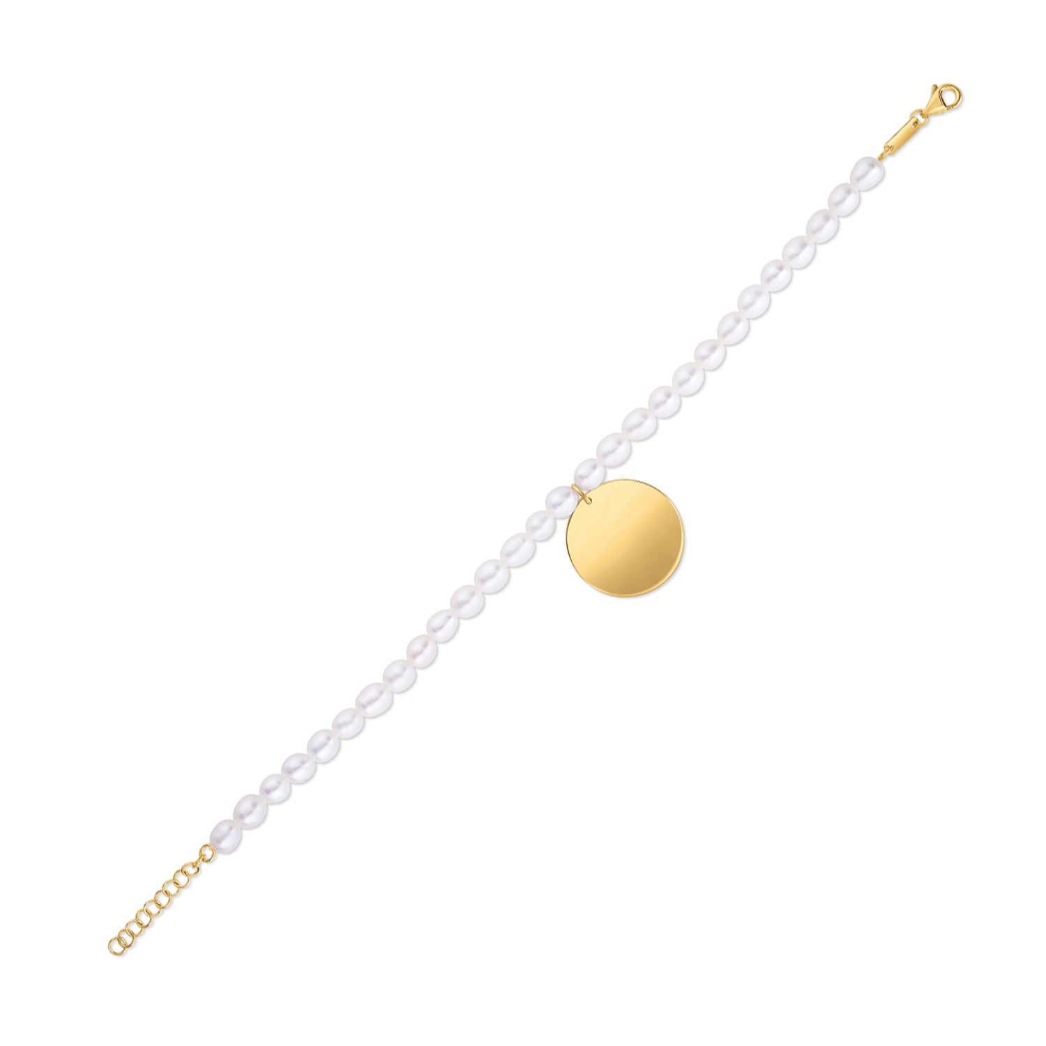A 14k yellow gold pearl tag charm bracelet with a lobster clasp.
