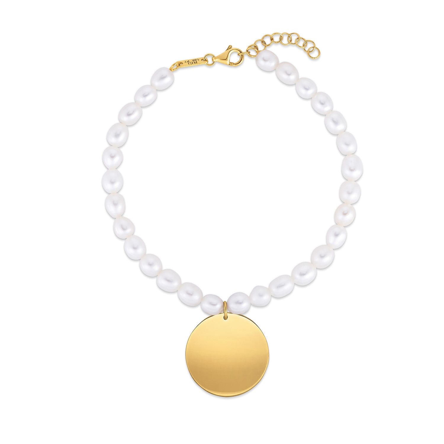 14k yellow gold pearl tag charm bracelet with a round gold tag.