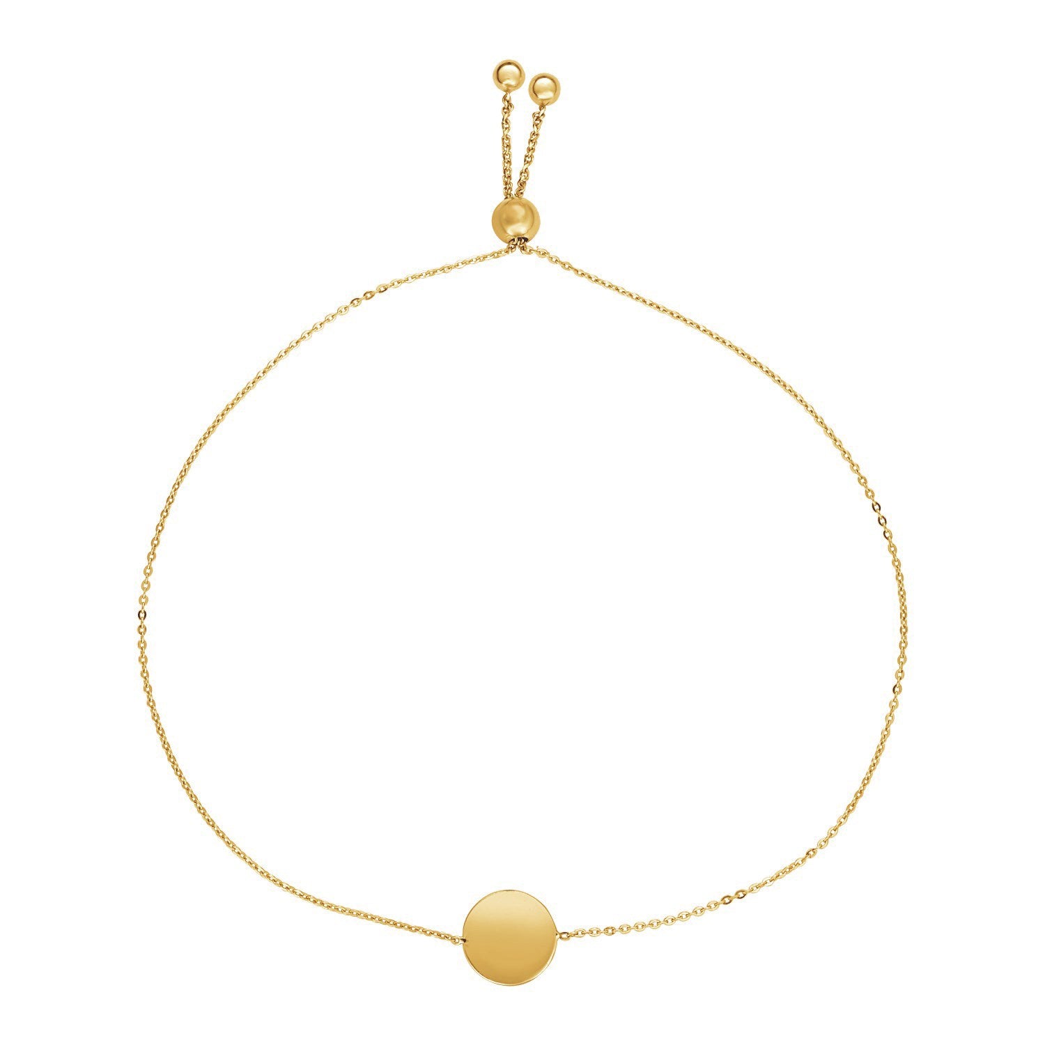 Adjustable 14k yellow gold bracelet with a shiny circle charm.