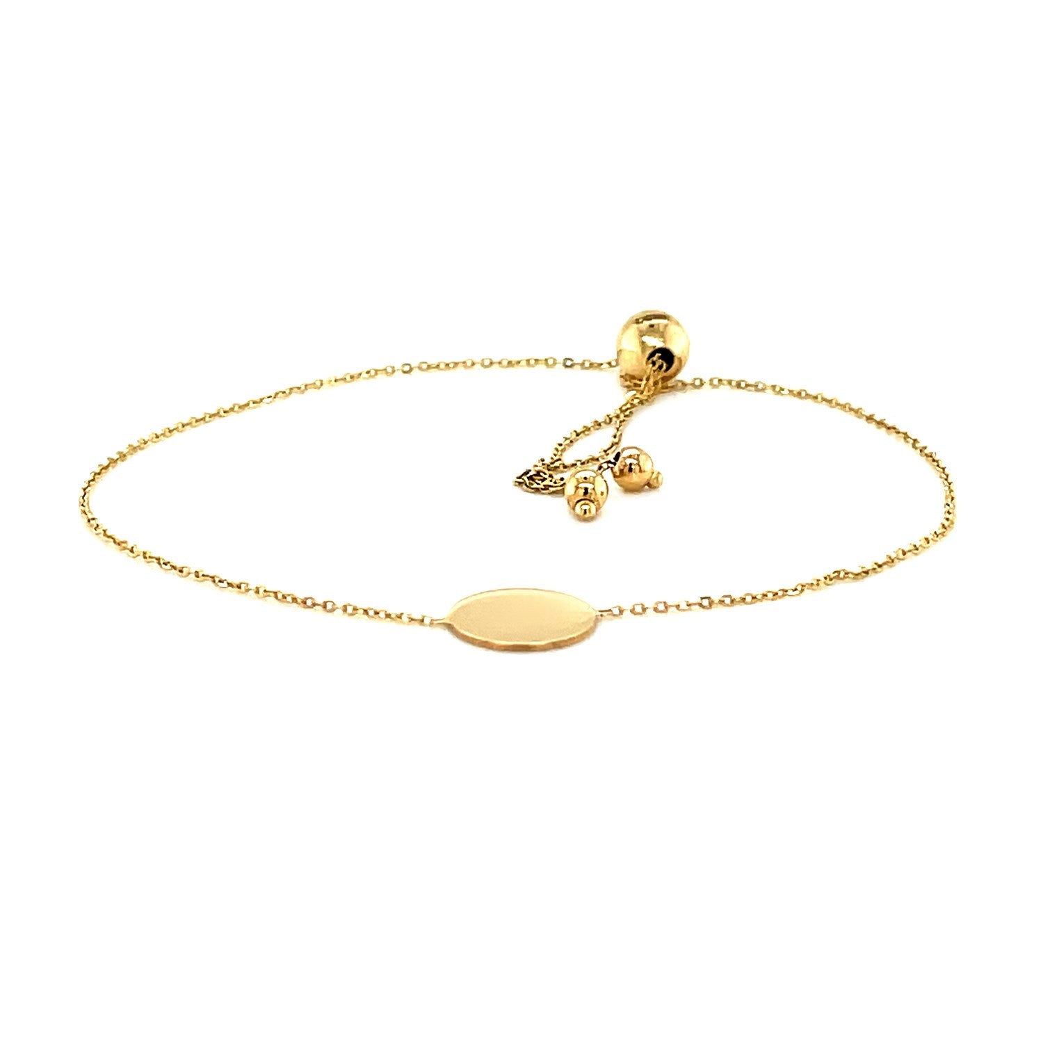 Adjustable 14k yellow gold bracelet with a shiny oval charm and drawstring clasp.