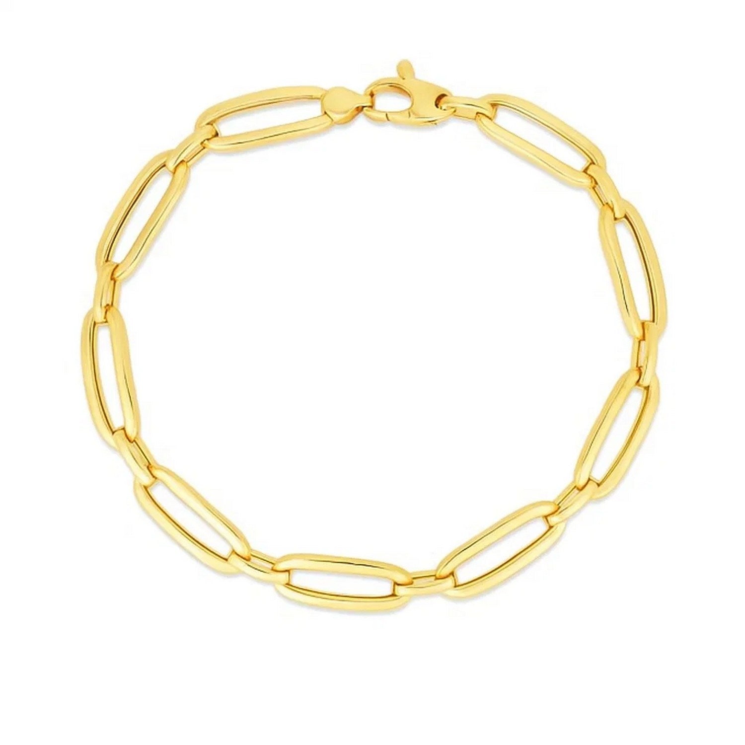 14k yellow gold Bombay paperclip chain bracelet with a lobster clasp.