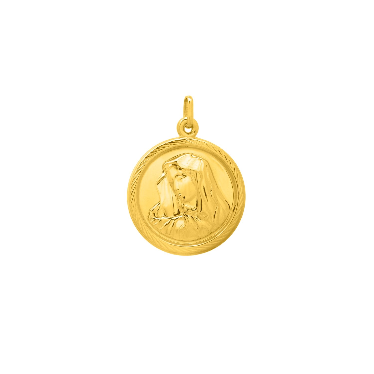 14K yellow gold religious pendant with a Virgin Mary motif.