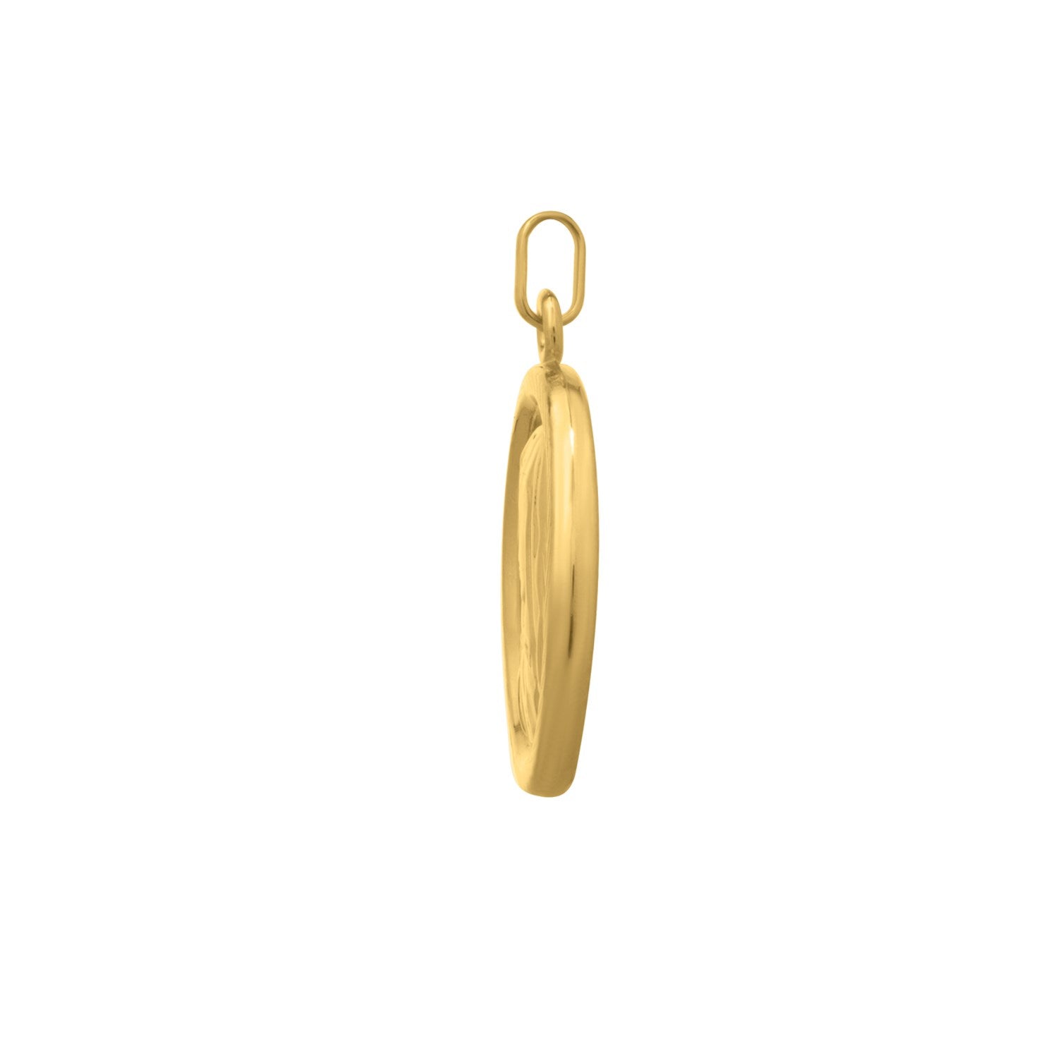 14K yellow gold religious pendant with a Virgin Mary motif, shown from the side.