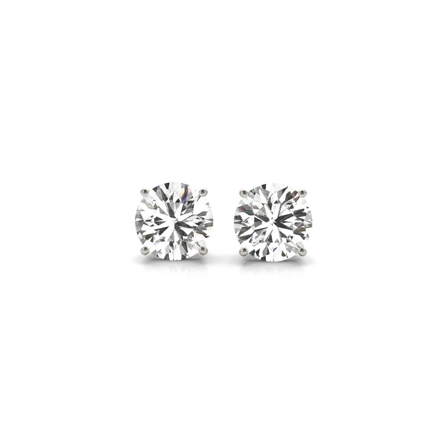 Two round, brilliant-cut lab-grown diamond stud earrings in white gold settings.