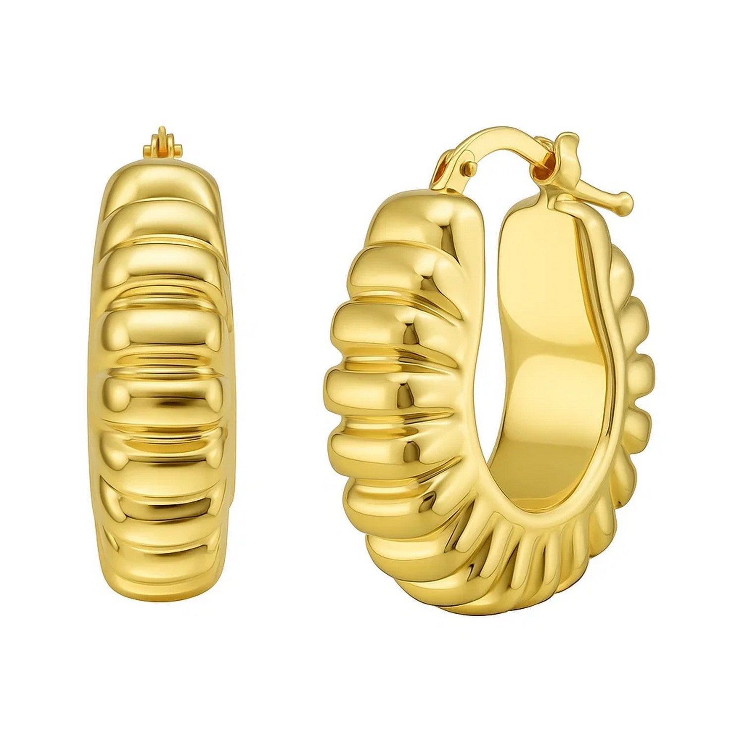 14K yellow gold polished puffed ribbed hoop earrings with a hinged snap back.