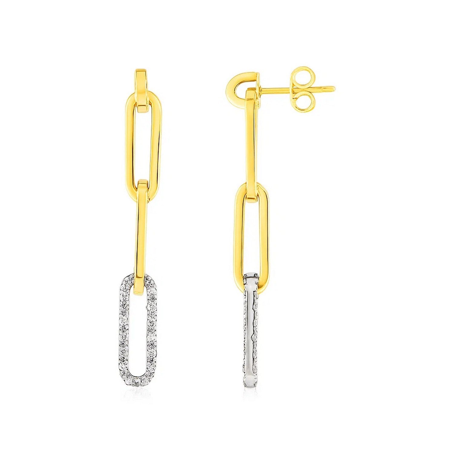 14k yellow gold paperclip chain dangle earrings with diamonds.