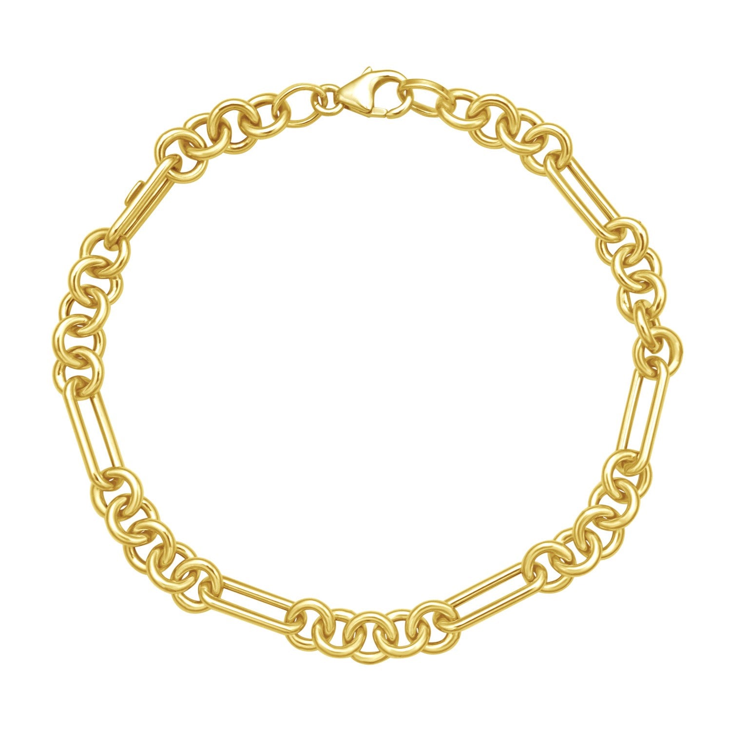 14K yellow gold five-and-one paperclip link chain bracelet with a lobster clasp.
