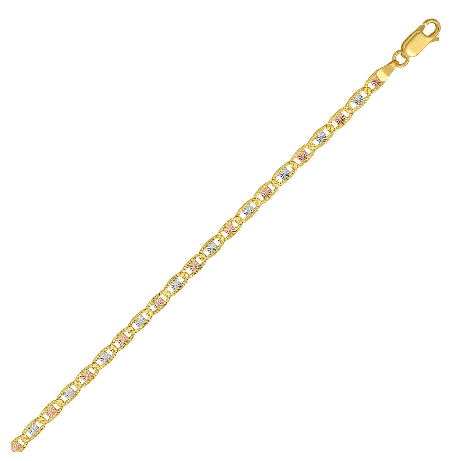 14K tri-color gold pave Valentino chain with a lobster clasp.