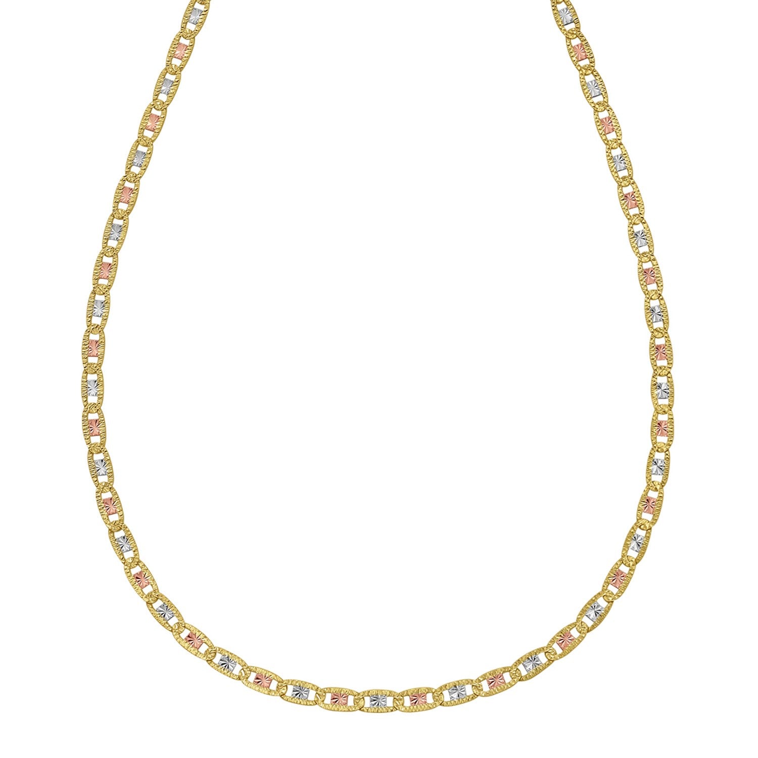 14K tri-color gold pave Valentino chain with alternating gold, rose, and white links.