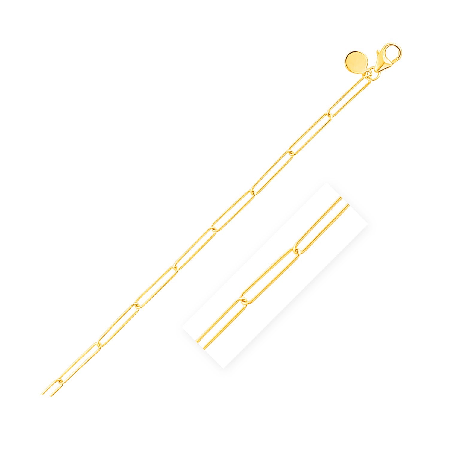14k yellow gold paperclip chain with a lobster clasp.