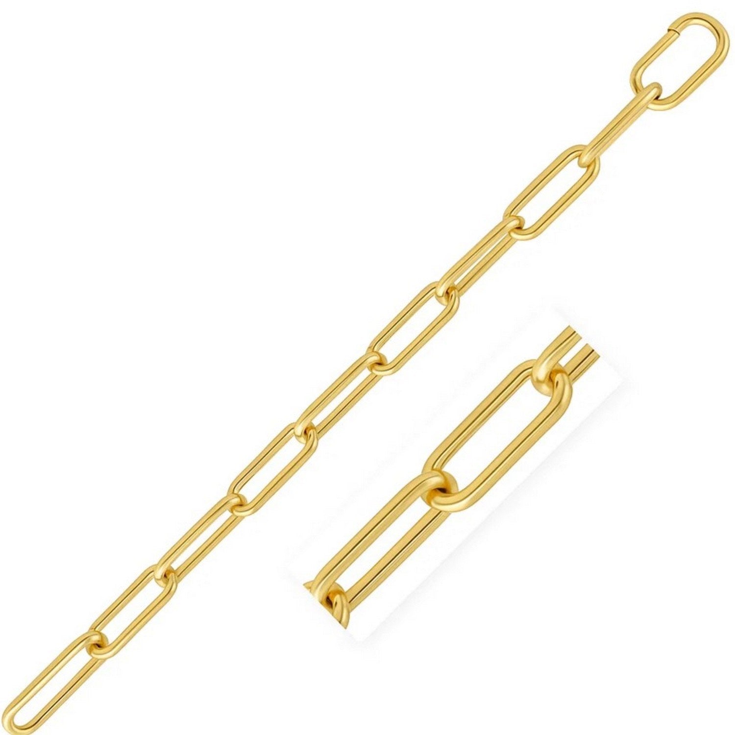 14k yellow gold paperclip bracelet with 8.5mm wide links and an invisible clasp.