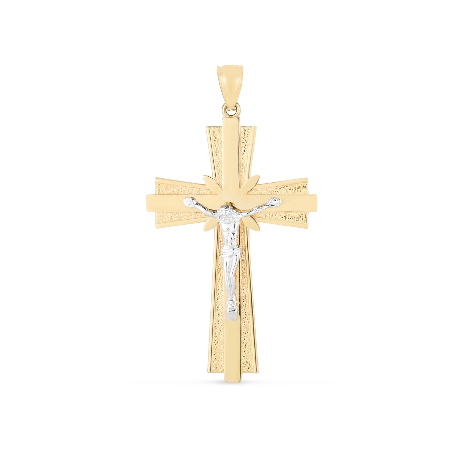 A two-tone 14k gold cross pendant with a diamond-cut texture and high polish finish.