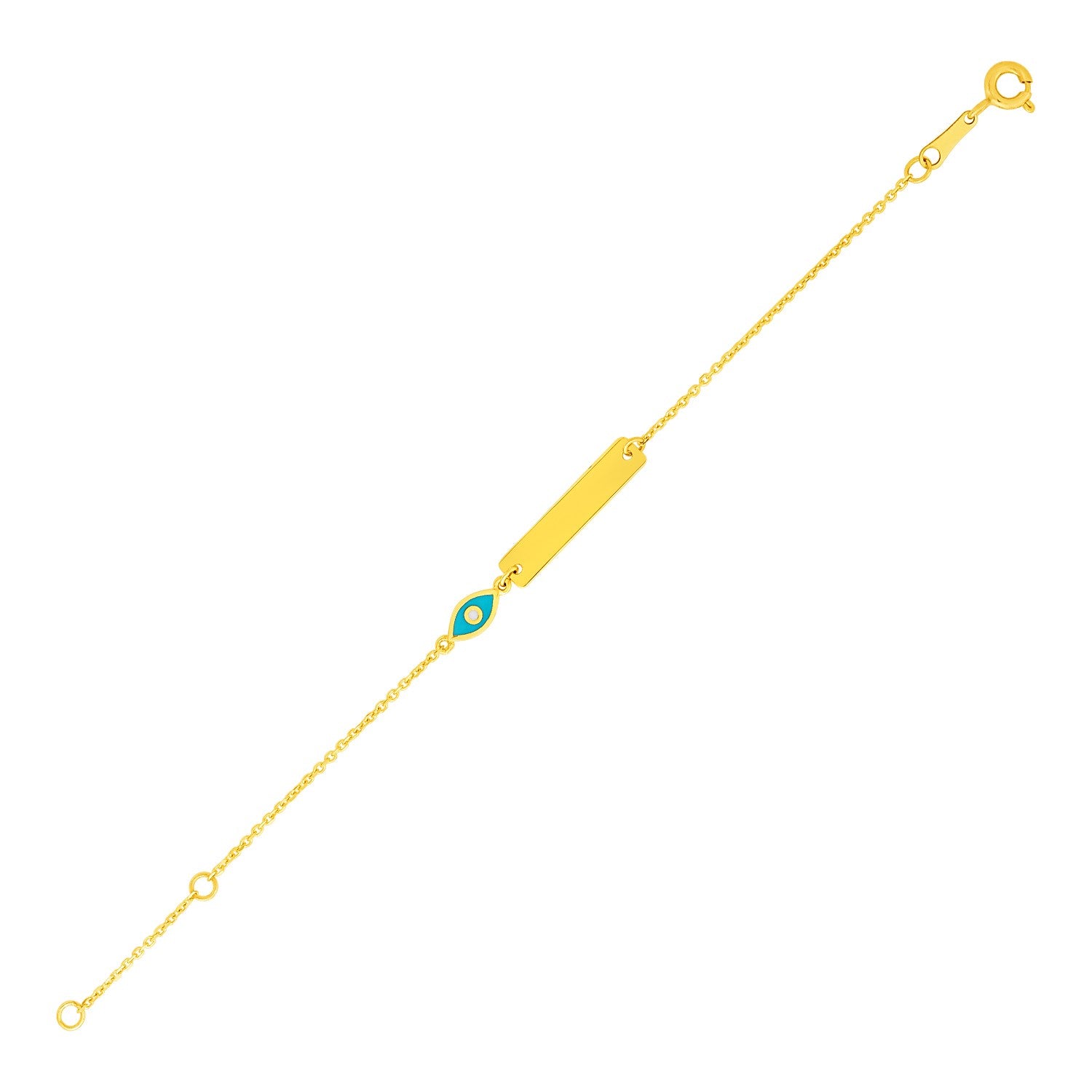14k yellow gold children's ID bracelet with an enameled eye and spring ring clasp.