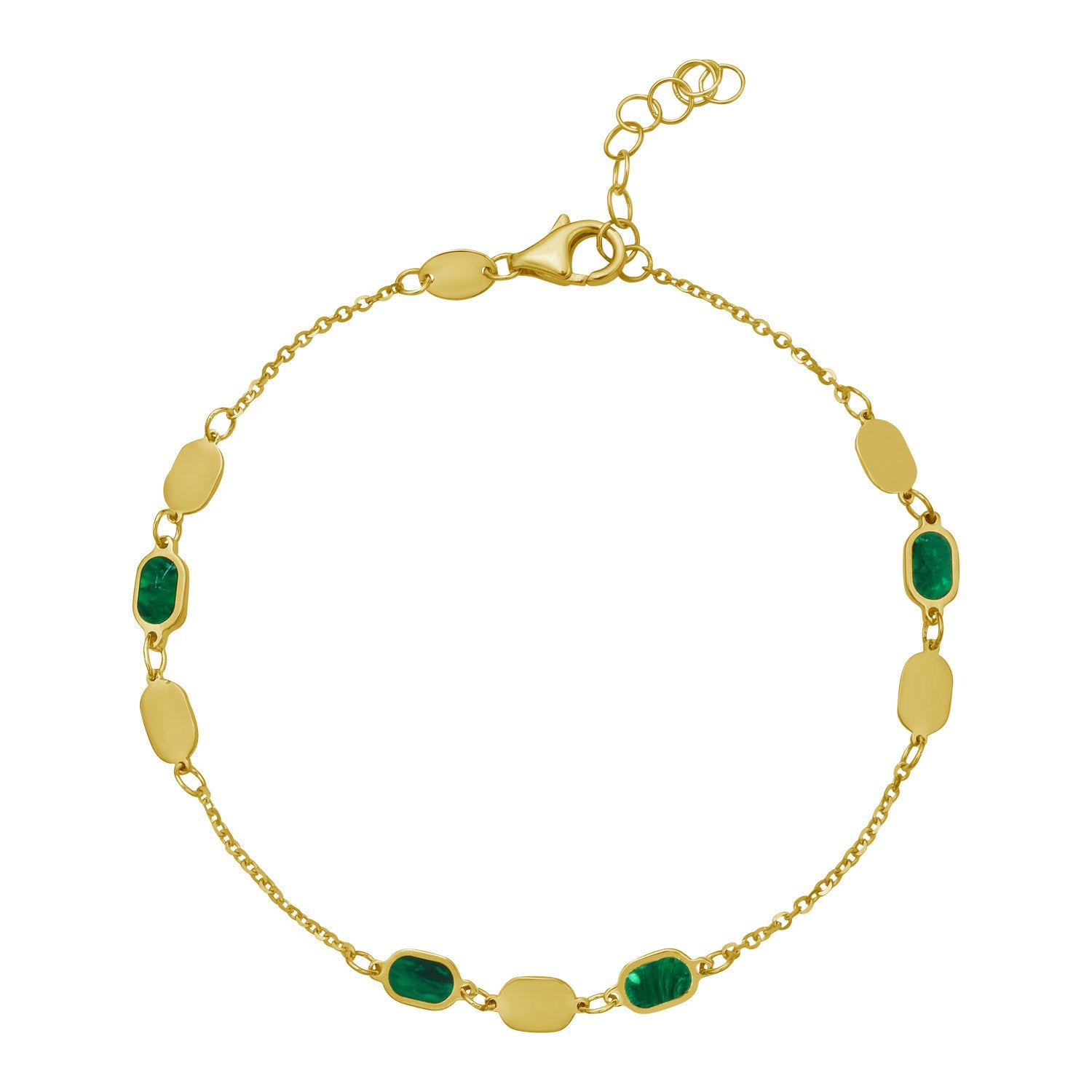 14K yellow gold link bracelet with alternating malachite inlay and gold hexagon links.