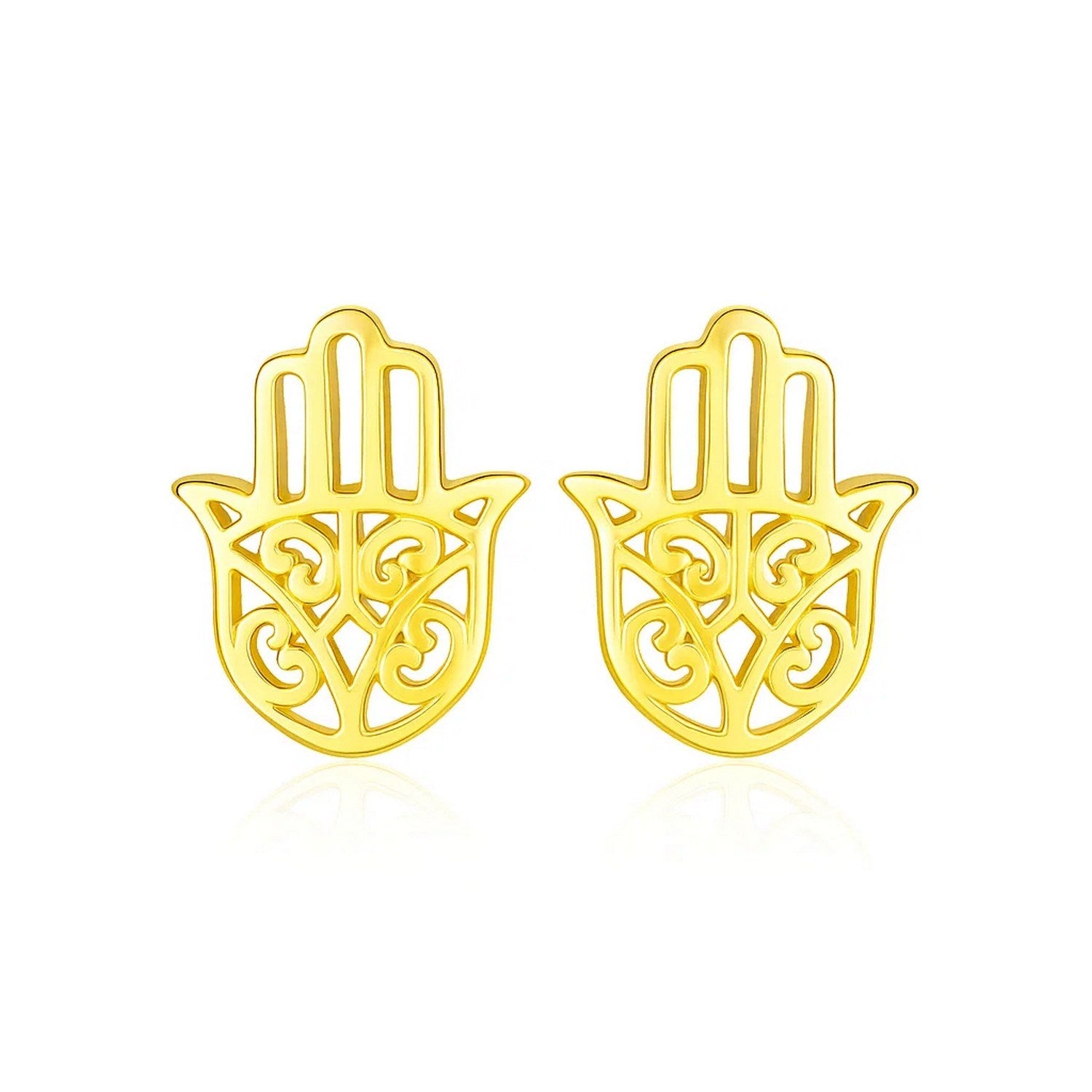 14k yellow gold polished Hand of Hamsa post earrings with intricate scrollwork.