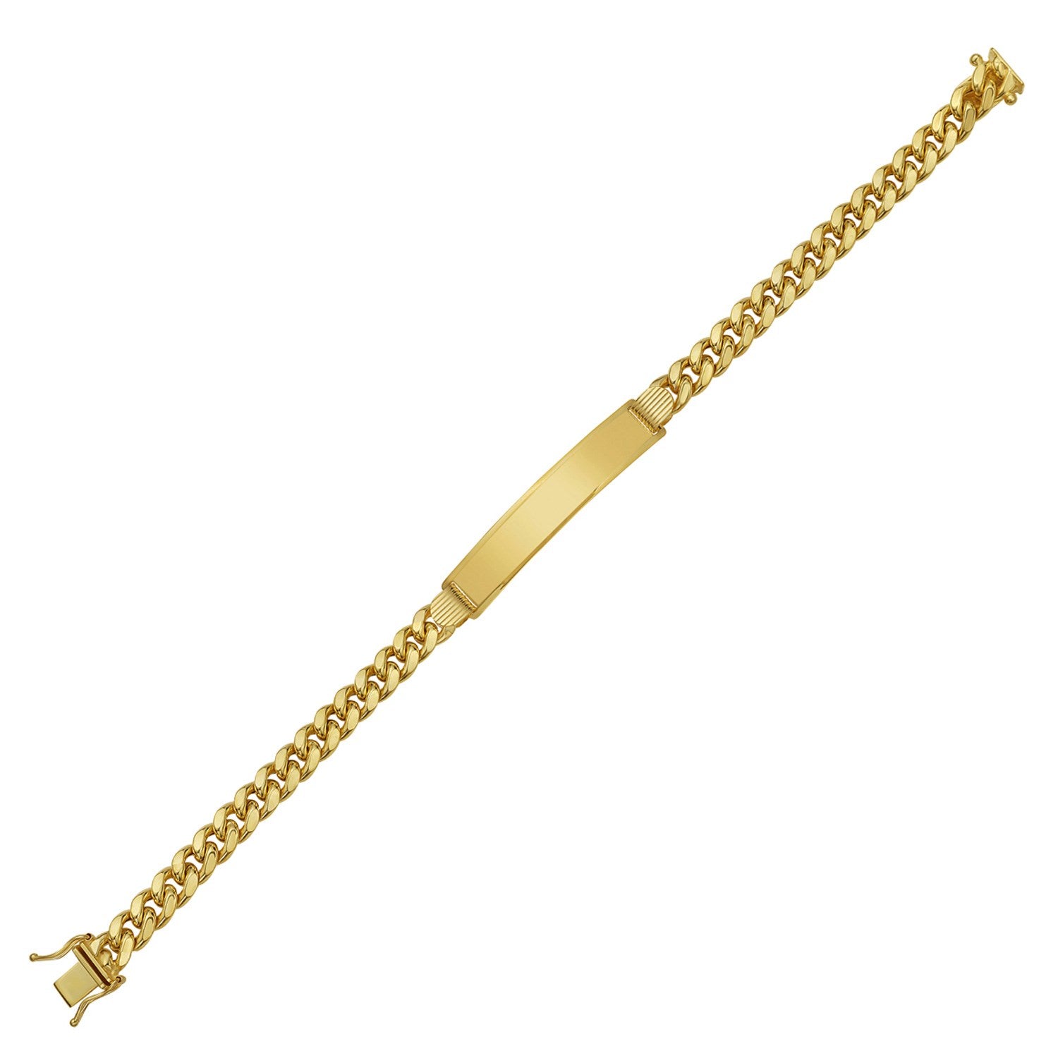 14K yellow gold lite Cuban ID bracelet with a smooth engravable plate and box clasp.