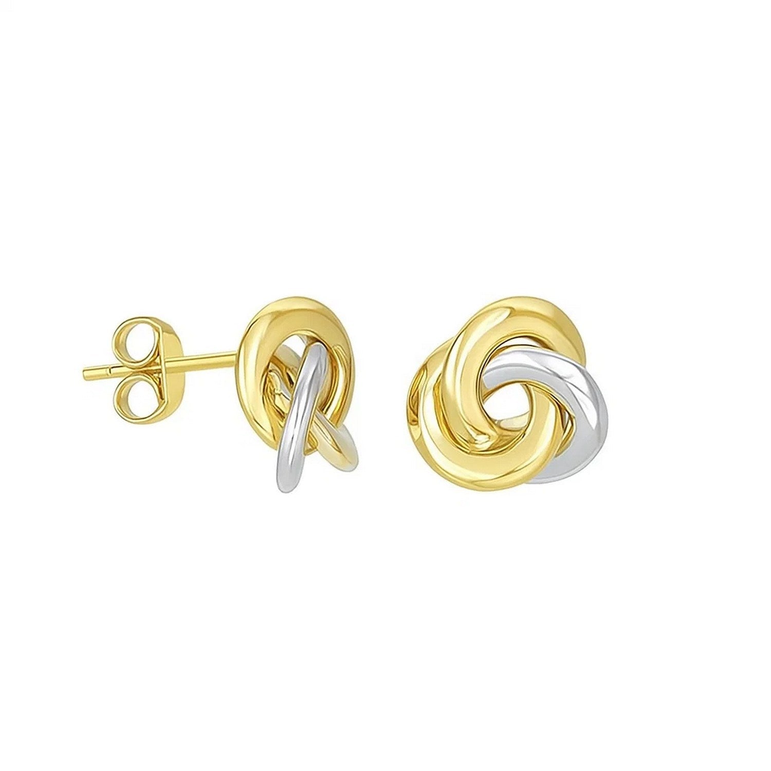 14k two-tone gold shiny intertwined open circle stud earrings with push backs.