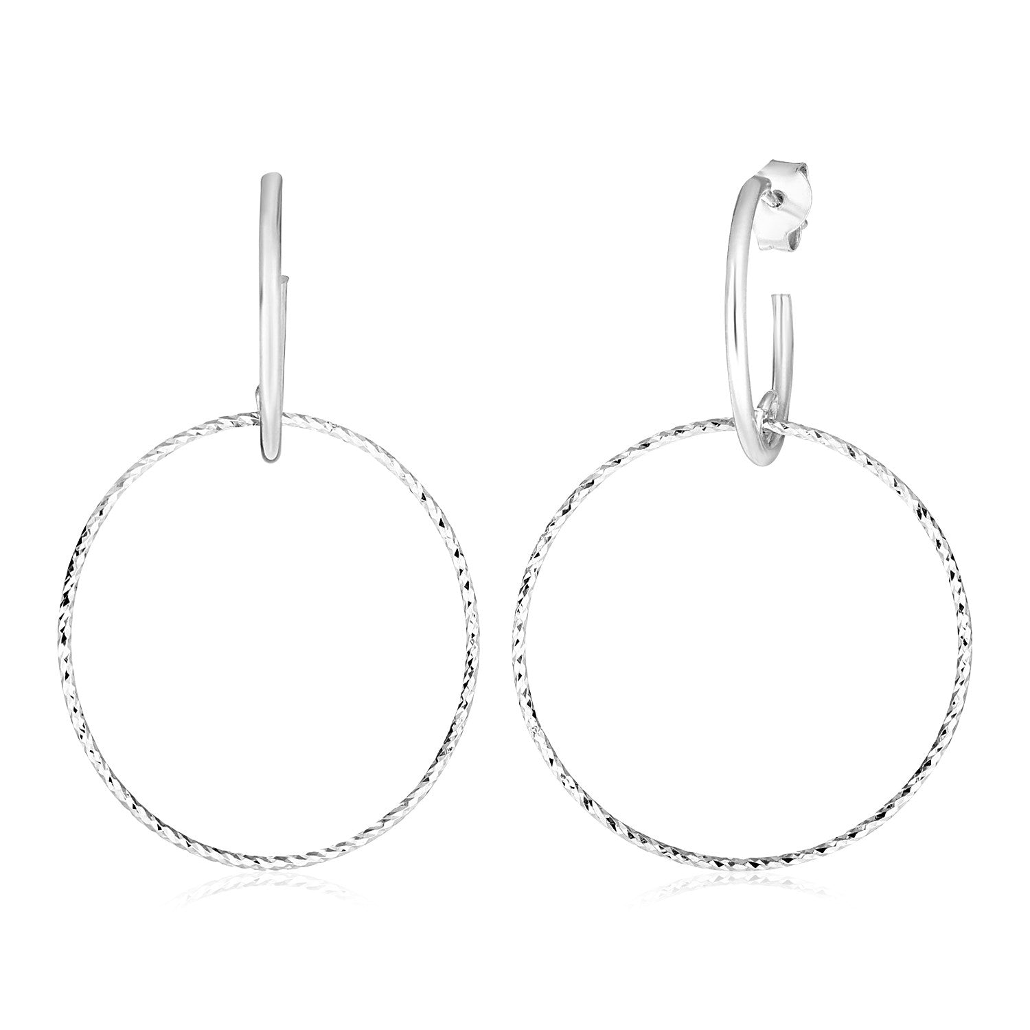 Sterling silver interlocking circle dangle earrings with textured hoops.