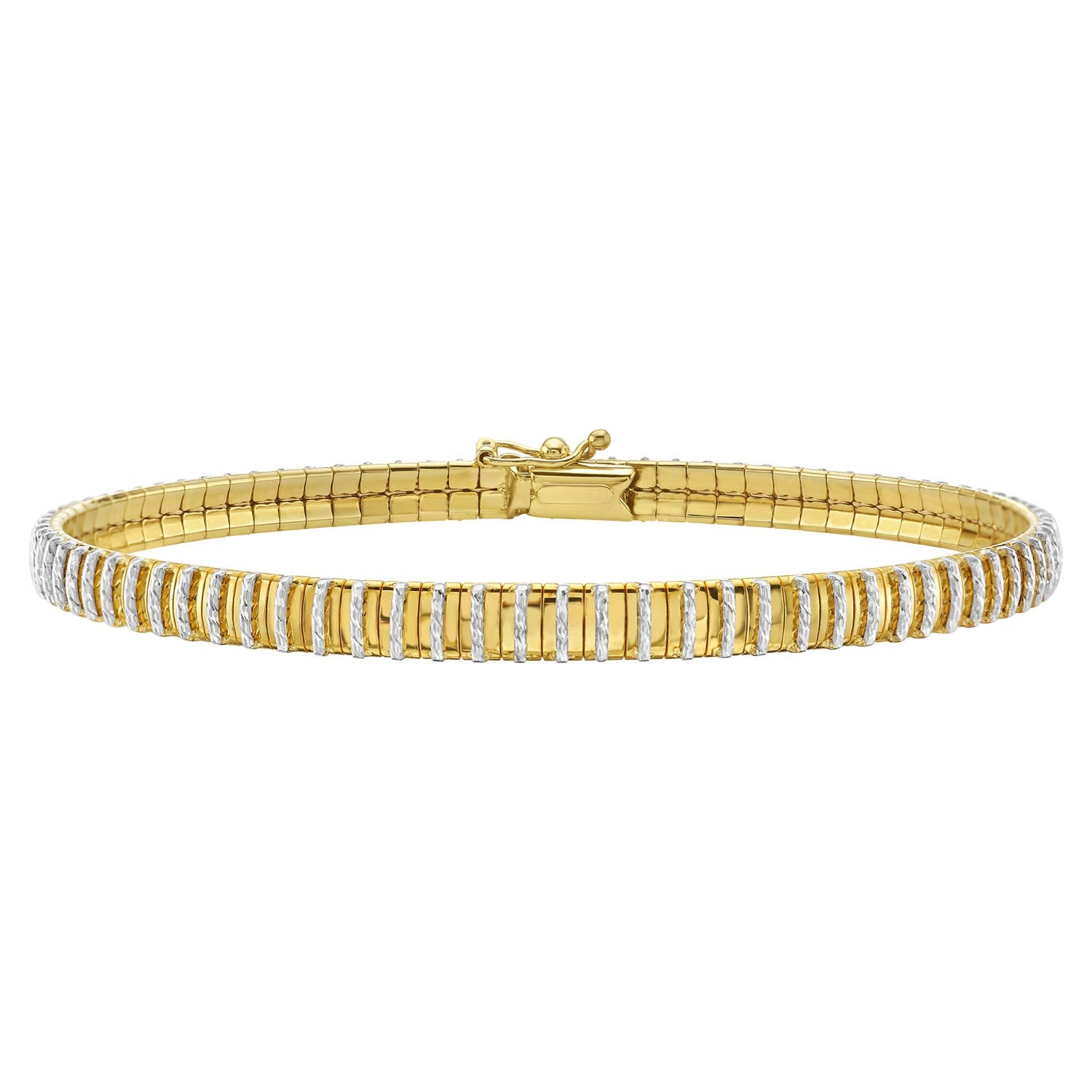14K two-tone gold bracelet with a mini diamante design and a box clasp.