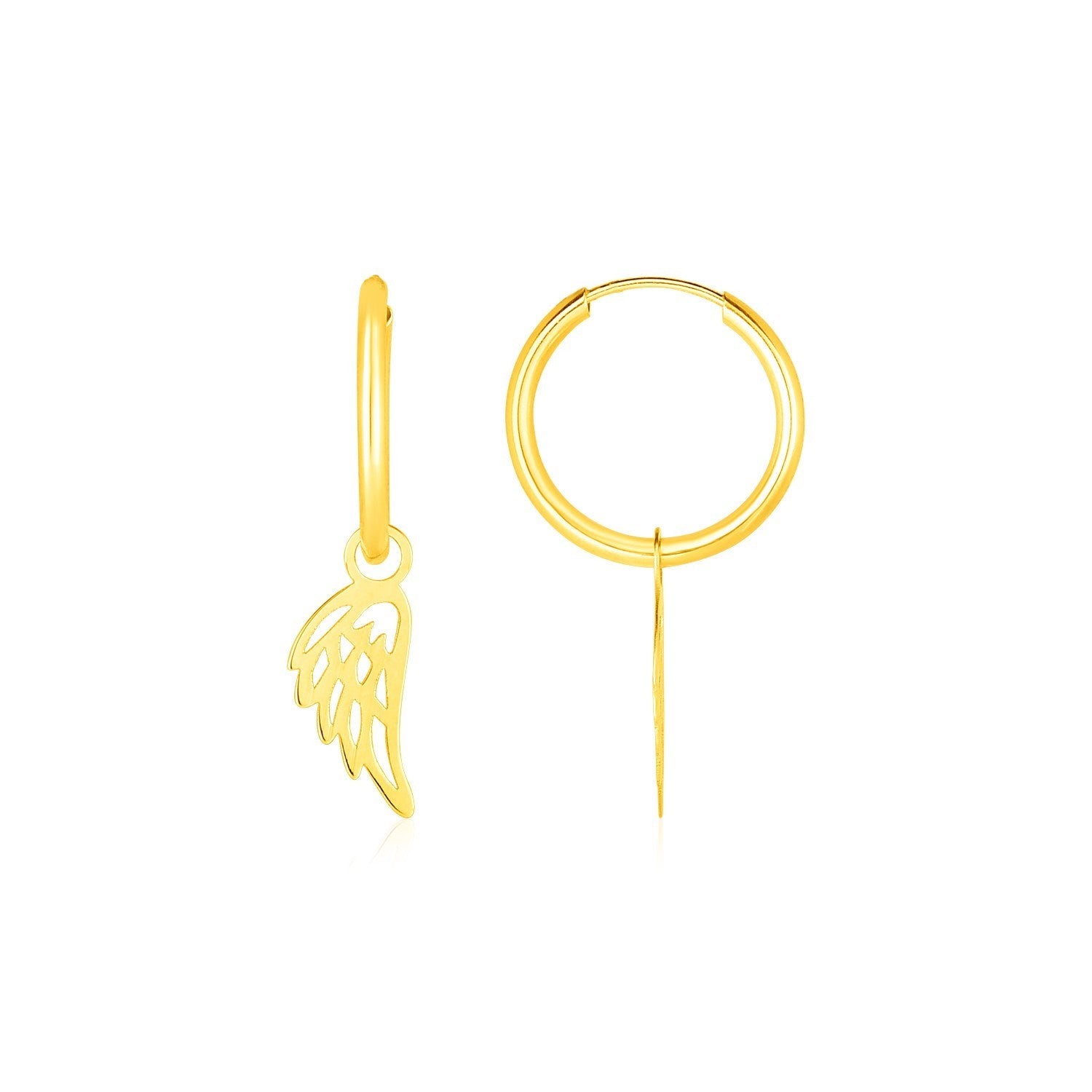 14K yellow gold hoop earrings, one with an angel wing charm and the other a plain hoop.