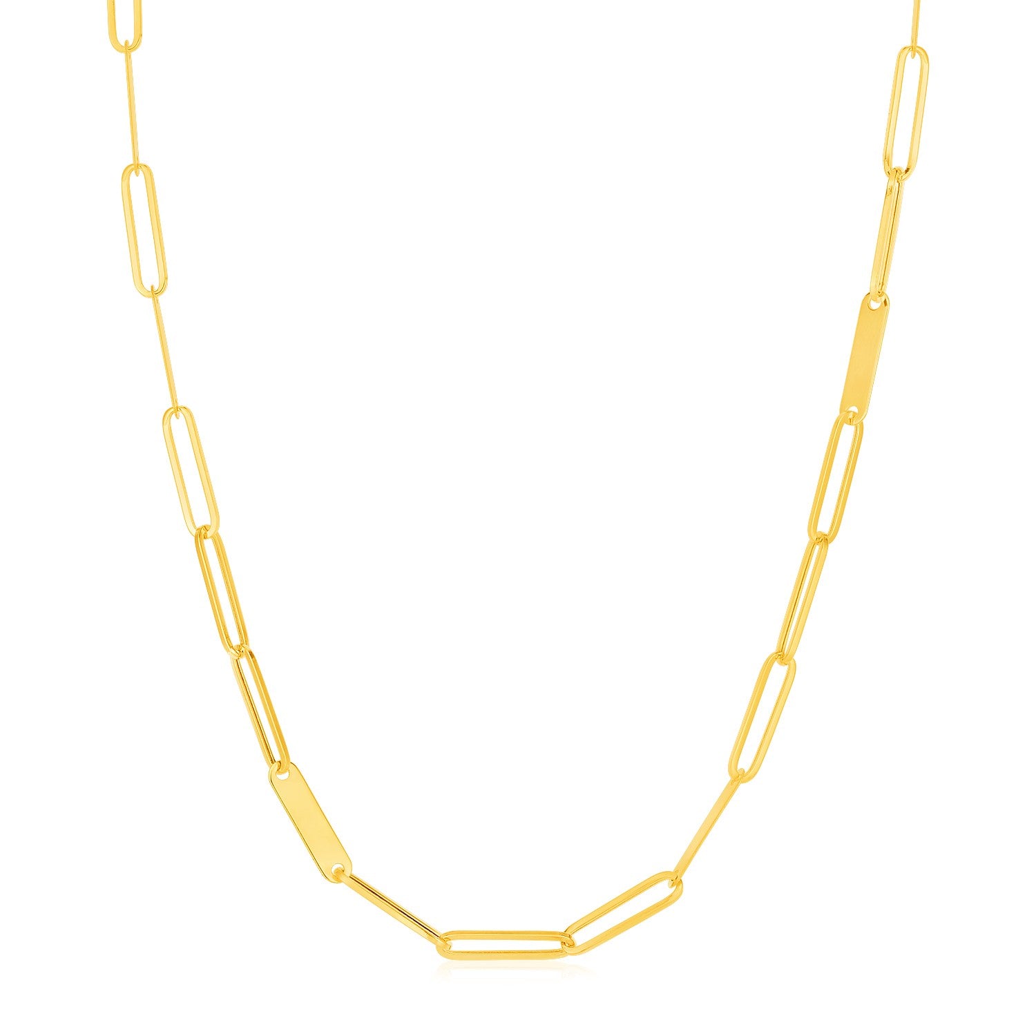 A yellow gold necklace with alternating paperclip links and gold bar links.