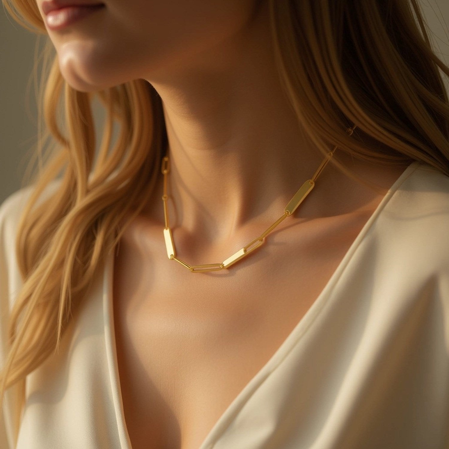 14k yellow gold alternating paperclip chain link and gold bar necklace on a woman.