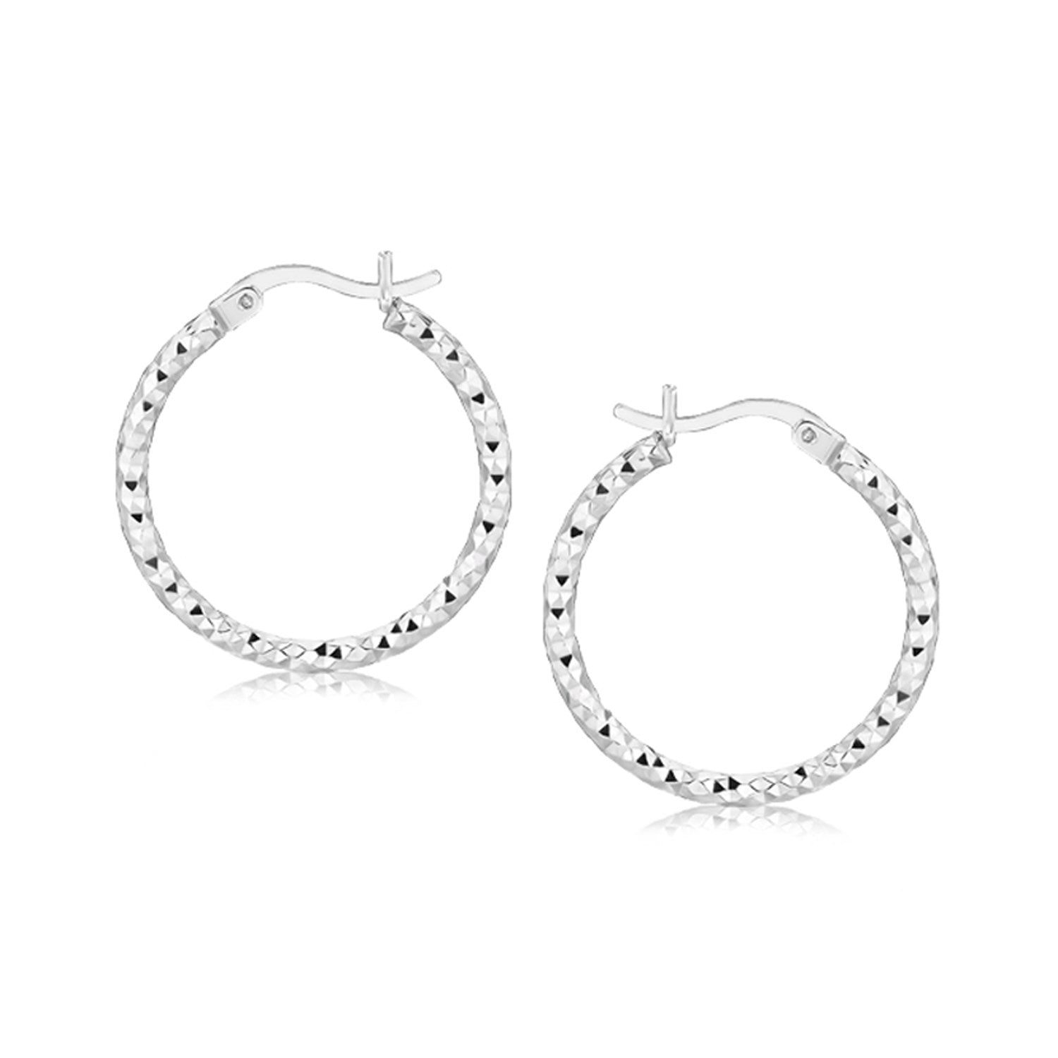 A pair of sterling silver rhodium-plated weave-like hoop earrings with snap locks.