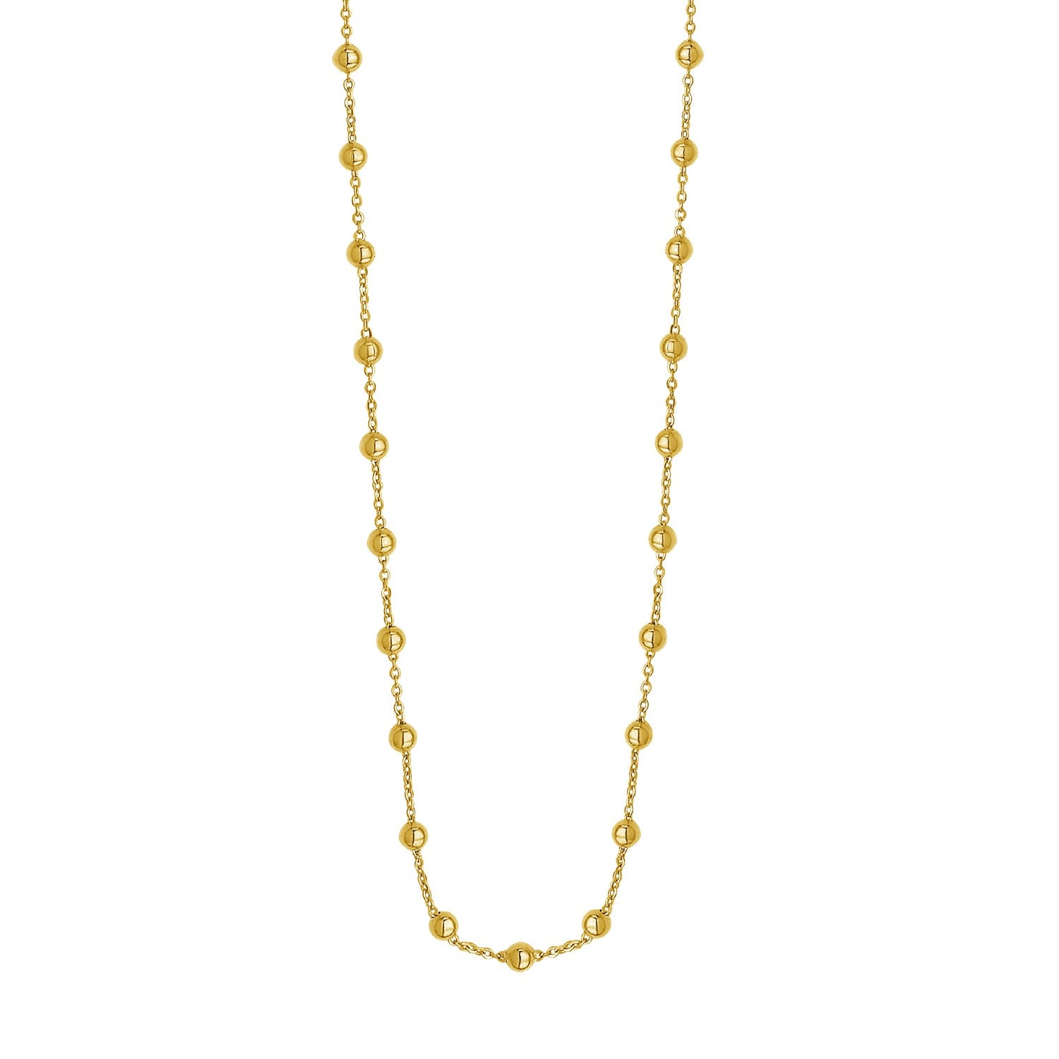A long, delicate 14K yellow gold layering Saturn bead necklace.