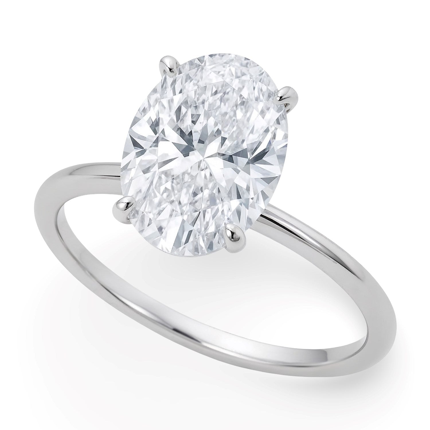 A 5 carat oval lab-grown diamond solitaire ring in 14K white gold.