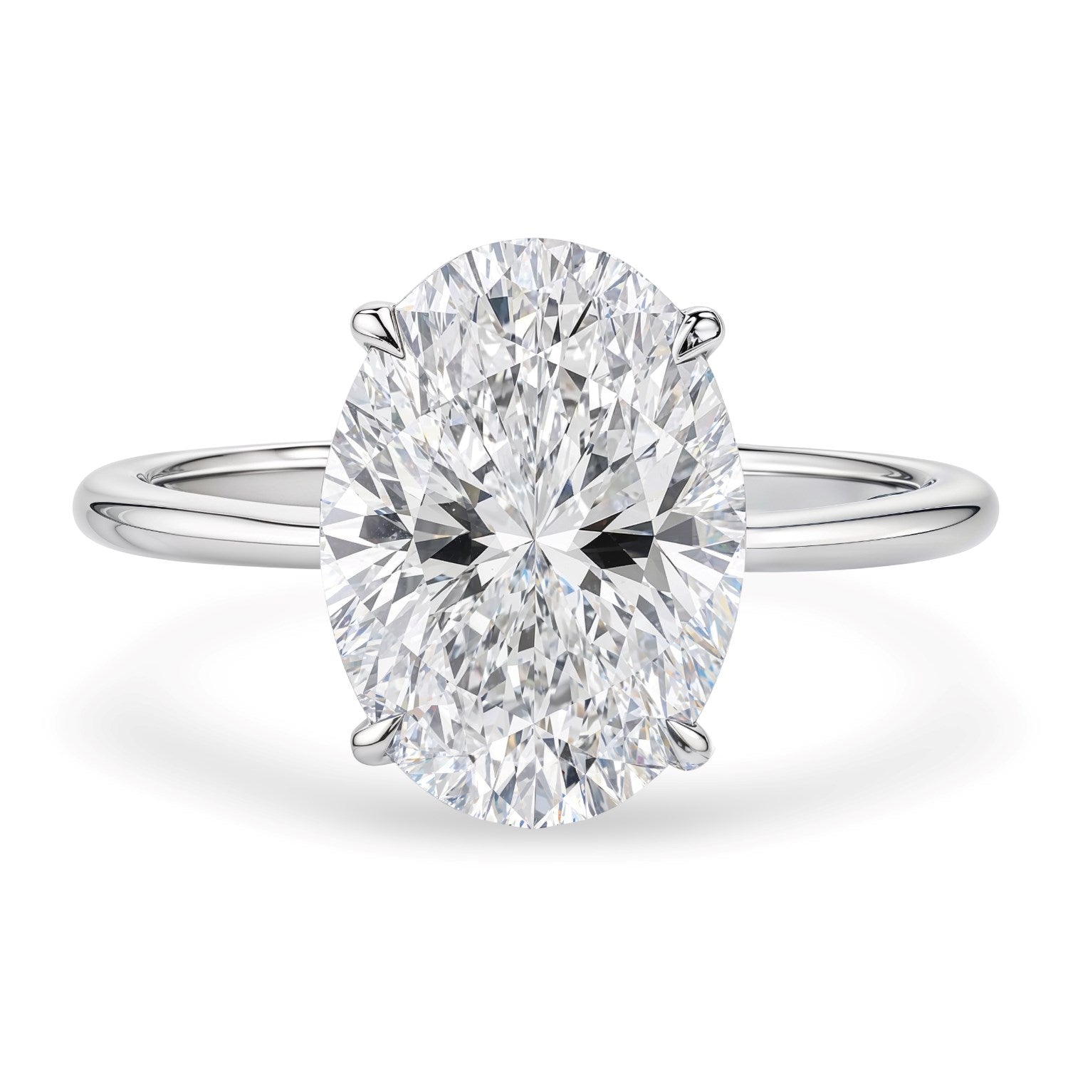 A 5 carat oval lab-grown diamond solitaire ring in 14K white gold.