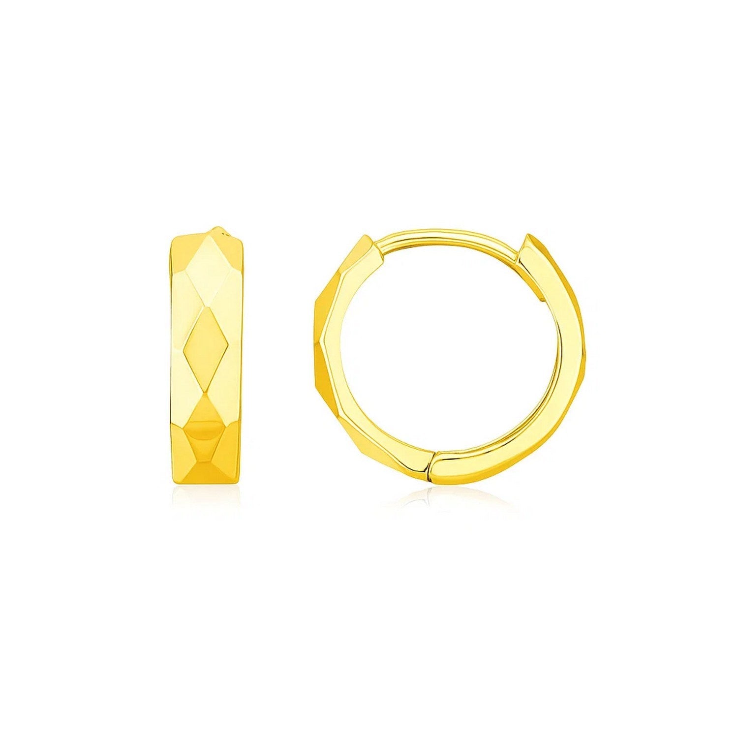 14K yellow gold huggie earrings with a faceted diamond motif.
