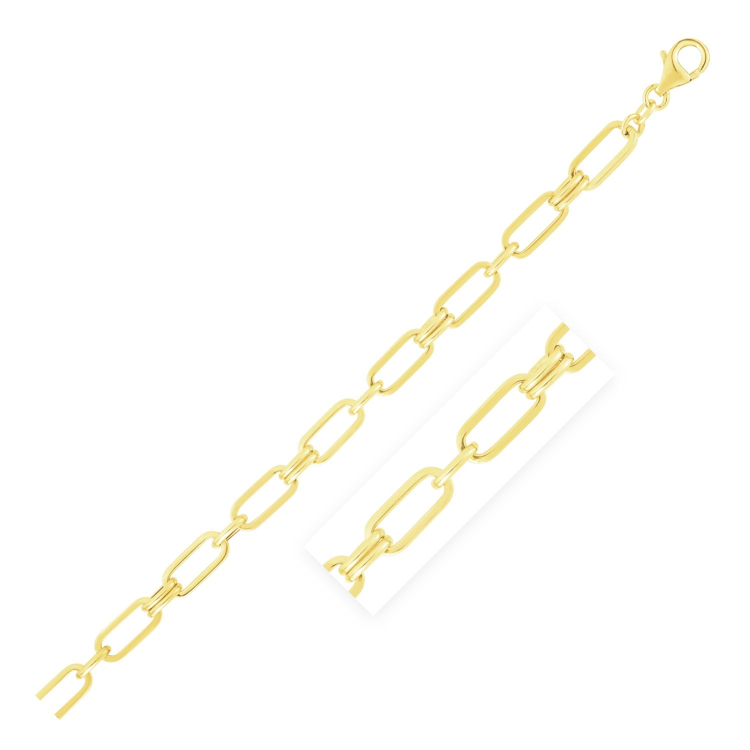 14k yellow gold paperclip rondel link chain bracelet with a lobster clasp.