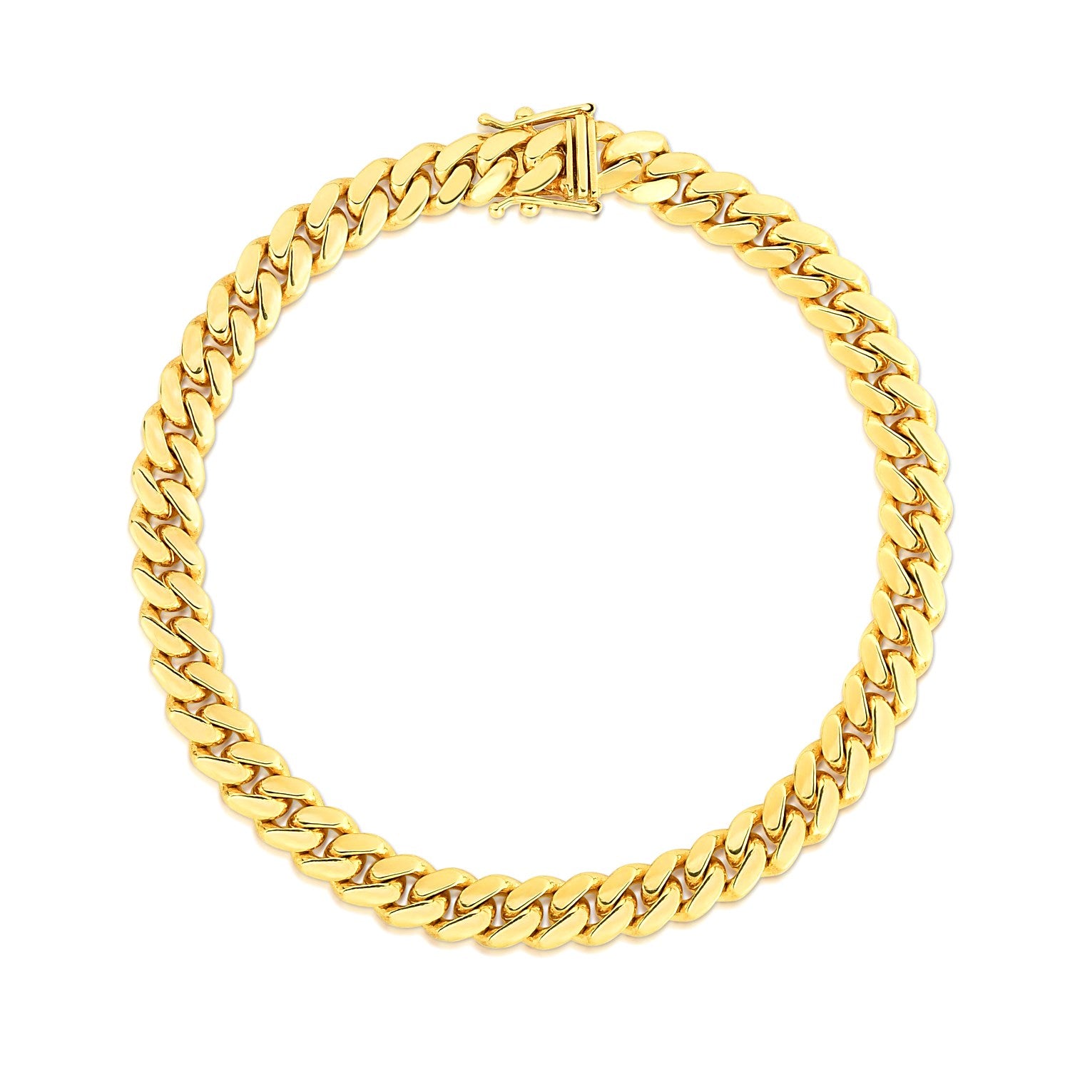 A 14k yellow gold classic Miami Cuban solid bracelet with a box clasp.