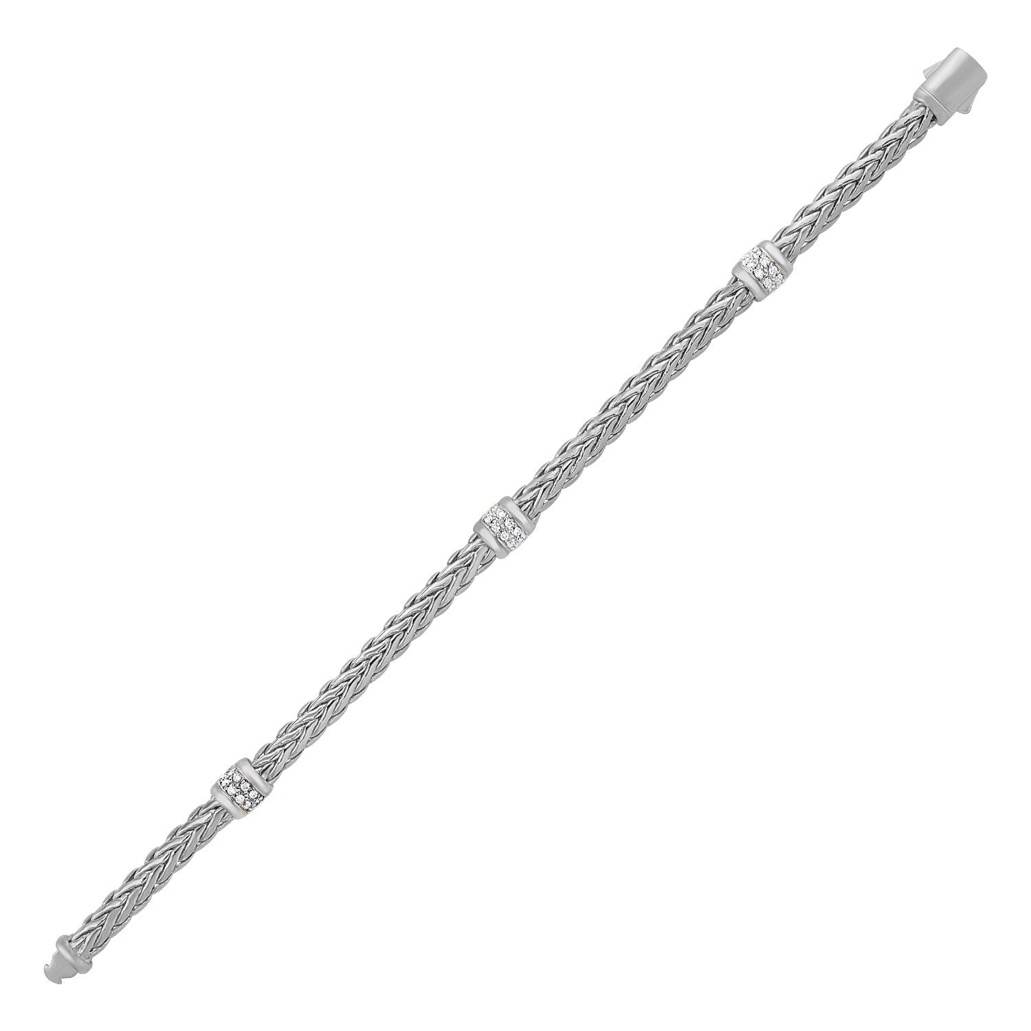 Polished woven rope bracelet with three diamond-accented stations in 14k white gold.