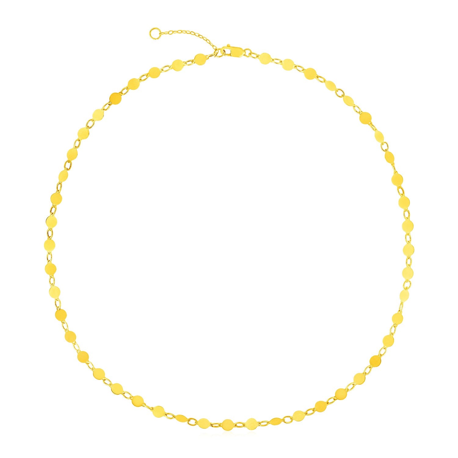 14k yellow gold necklace with polished circles and a lobster clasp.