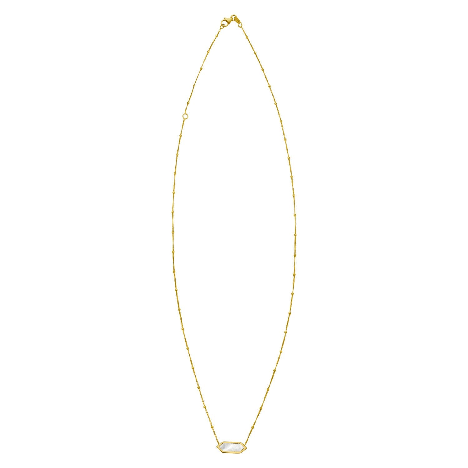 14K yellow gold necklace with a hexagon mother of pearl pendant on a Saturn chain.